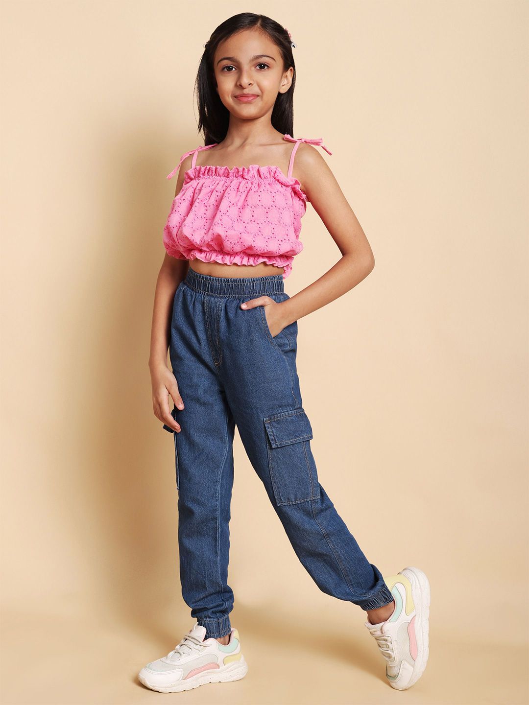 YK Girls Schiffli Shoulder Straps Pure Cotton Top With Jogger-picture-25