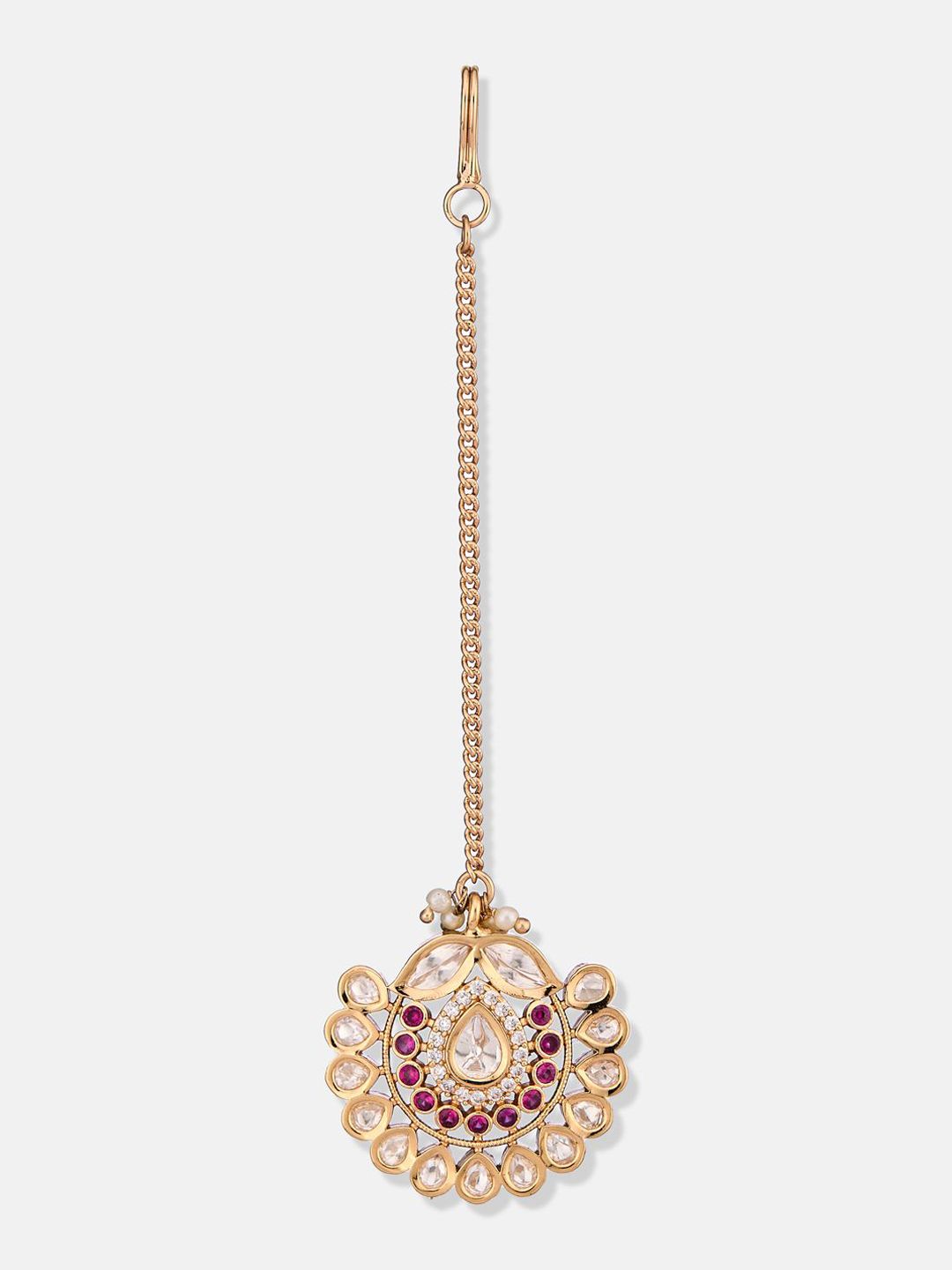 ATIBELLE Set of 2 Rose Gold-Plated Stone Studded and Rajasthani Borla Beaded Maang Tikkas