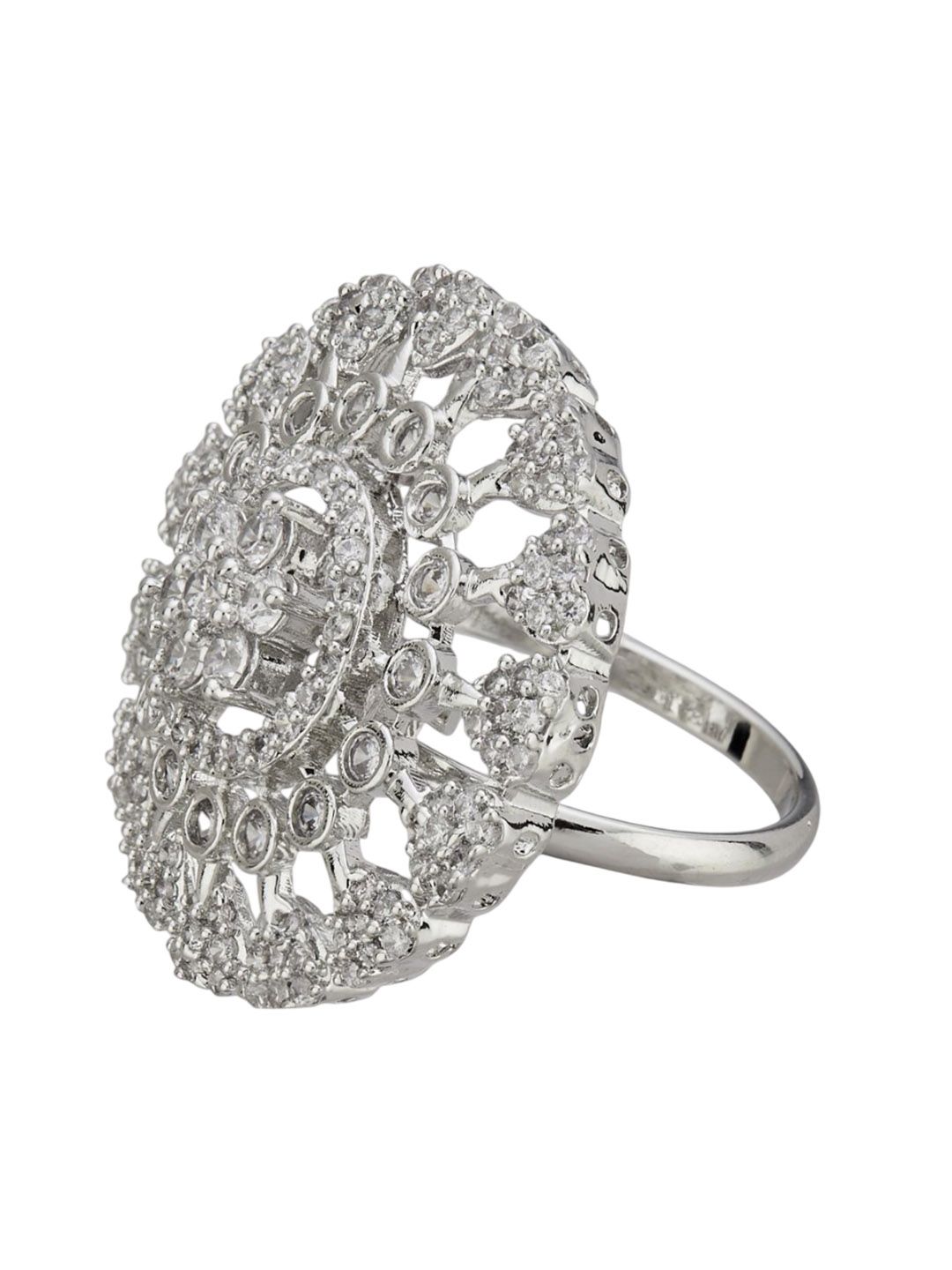 ATIBELLE Set Of 2 Silver-Plated Cubic Zirconia Studded Floral-Shaped Finger Rings