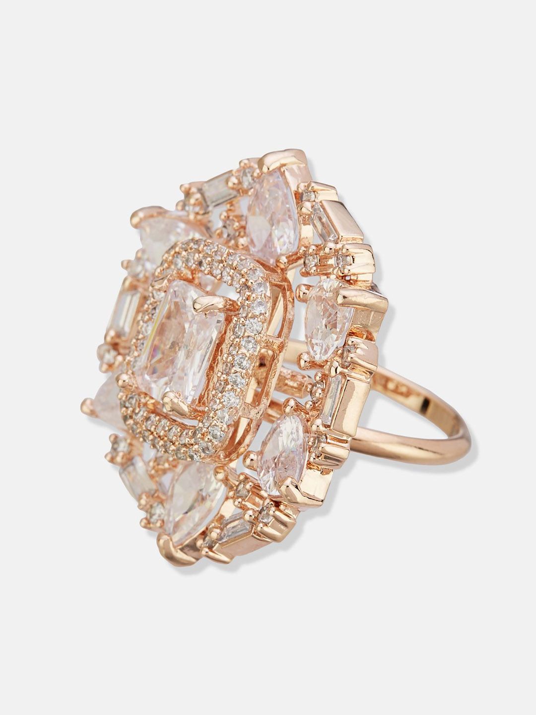 ATIBELLE Set Of 2 Rose Gold-Plated Cubic Zirconia Studded Floral Finger Ring