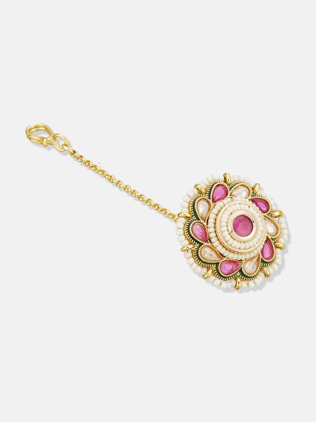 ATIBELLE Set of 2 Rose Gold-Plated Stone Studded and Rajasthani Borla Beaded Maang Tikkas