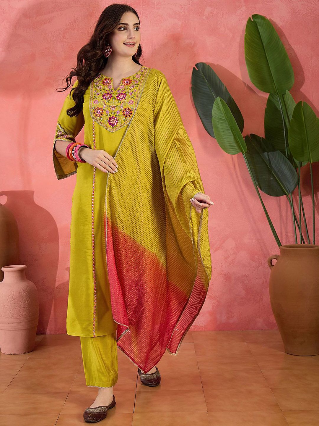 Sangria Floral Yoke Design Mirror Work Straight Kurta With Trousers & Dupatta