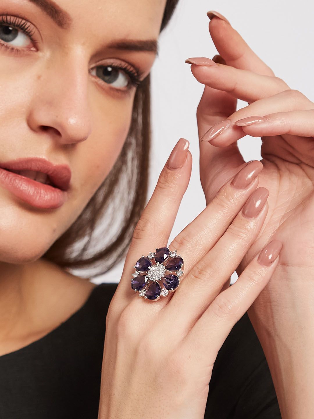 ATIBELLE Set Of 2 Silver Plated CZ Studded Finger Ring