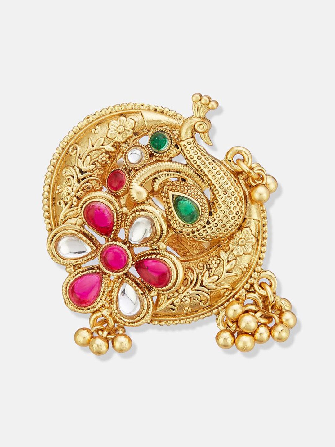 ATIBELLE Set Of 2 Gold-Plated Stone Studded & Beaded Peacock Shaped Finger Rings