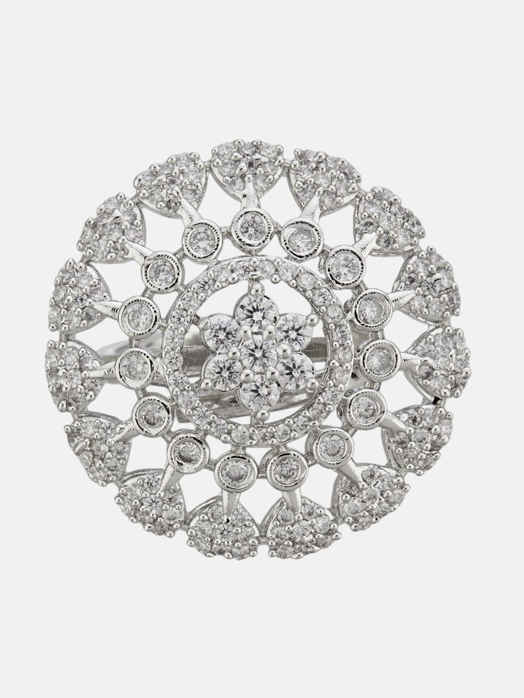 ATIBELLE Set Of 2 Silver-Plated Cubic Zirconia Studded Floral-Shaped Finger Rings