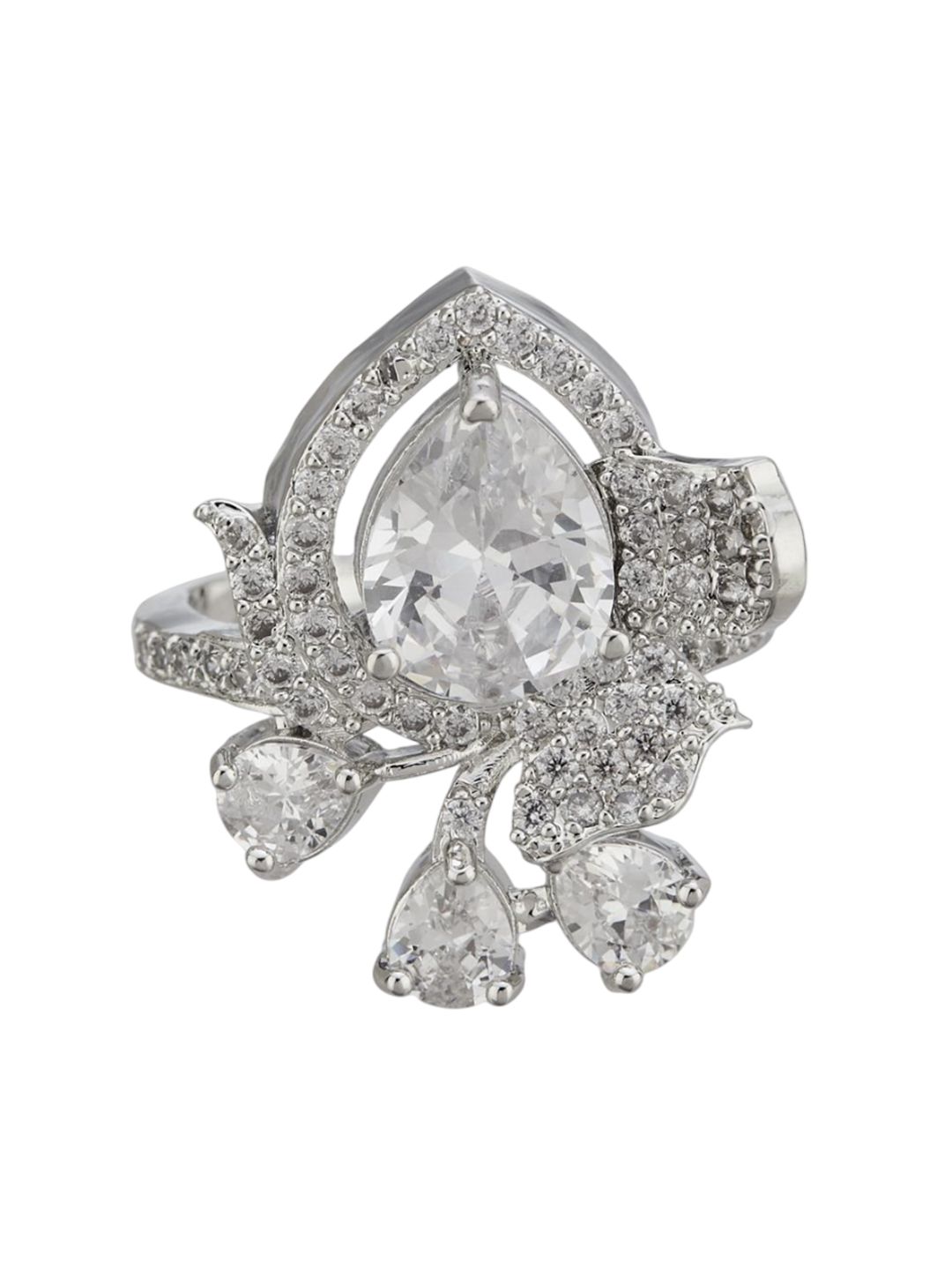 ATIBELLE Set Of 2 Silver-Plated Cubic Zirconia Studded Floral-Shaped Finger Rings