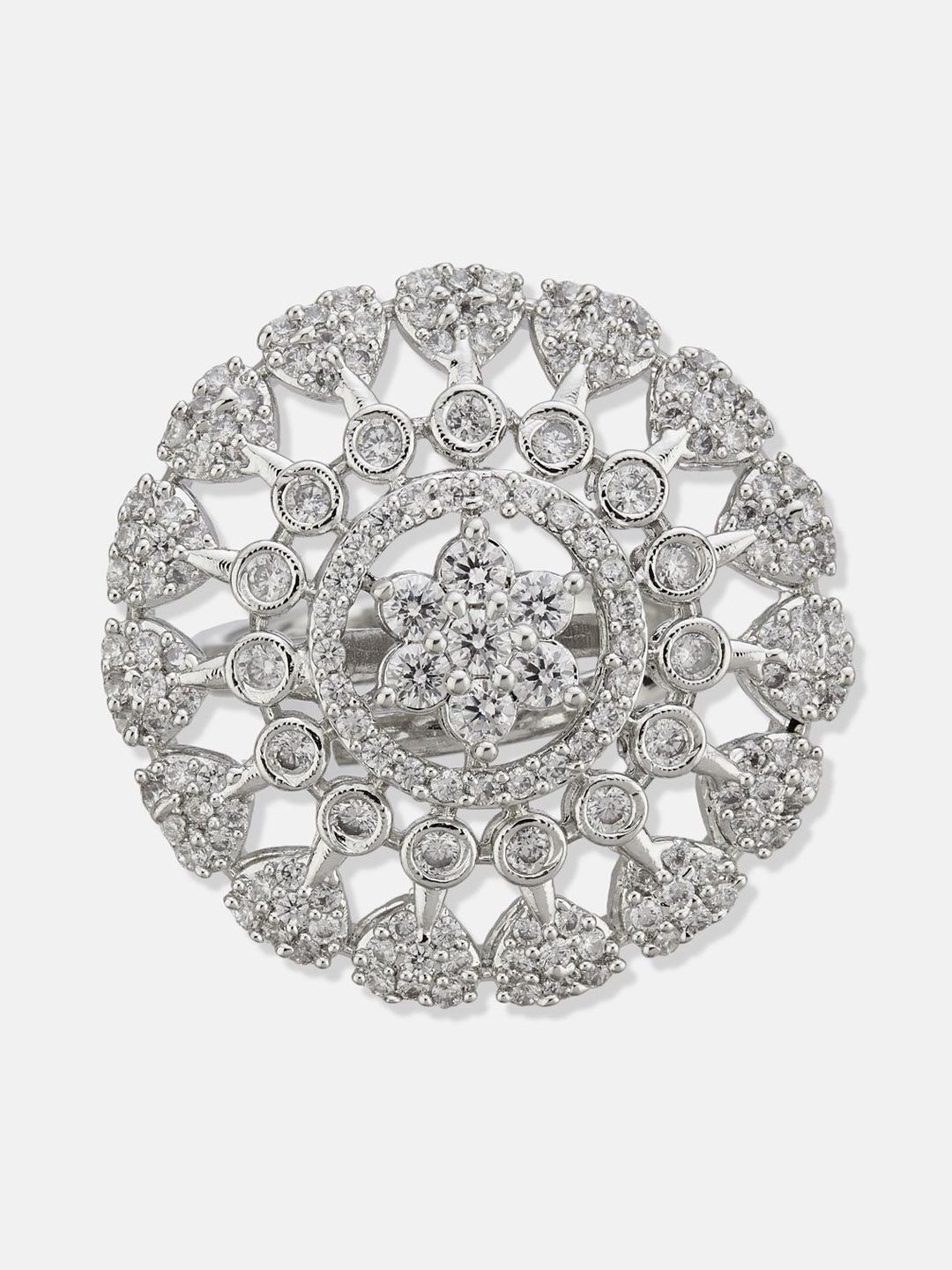 ATIBELLE Set Of 2 Silver-Plated Cubic Zirconia Studded Floral-Shaped Finger Rings