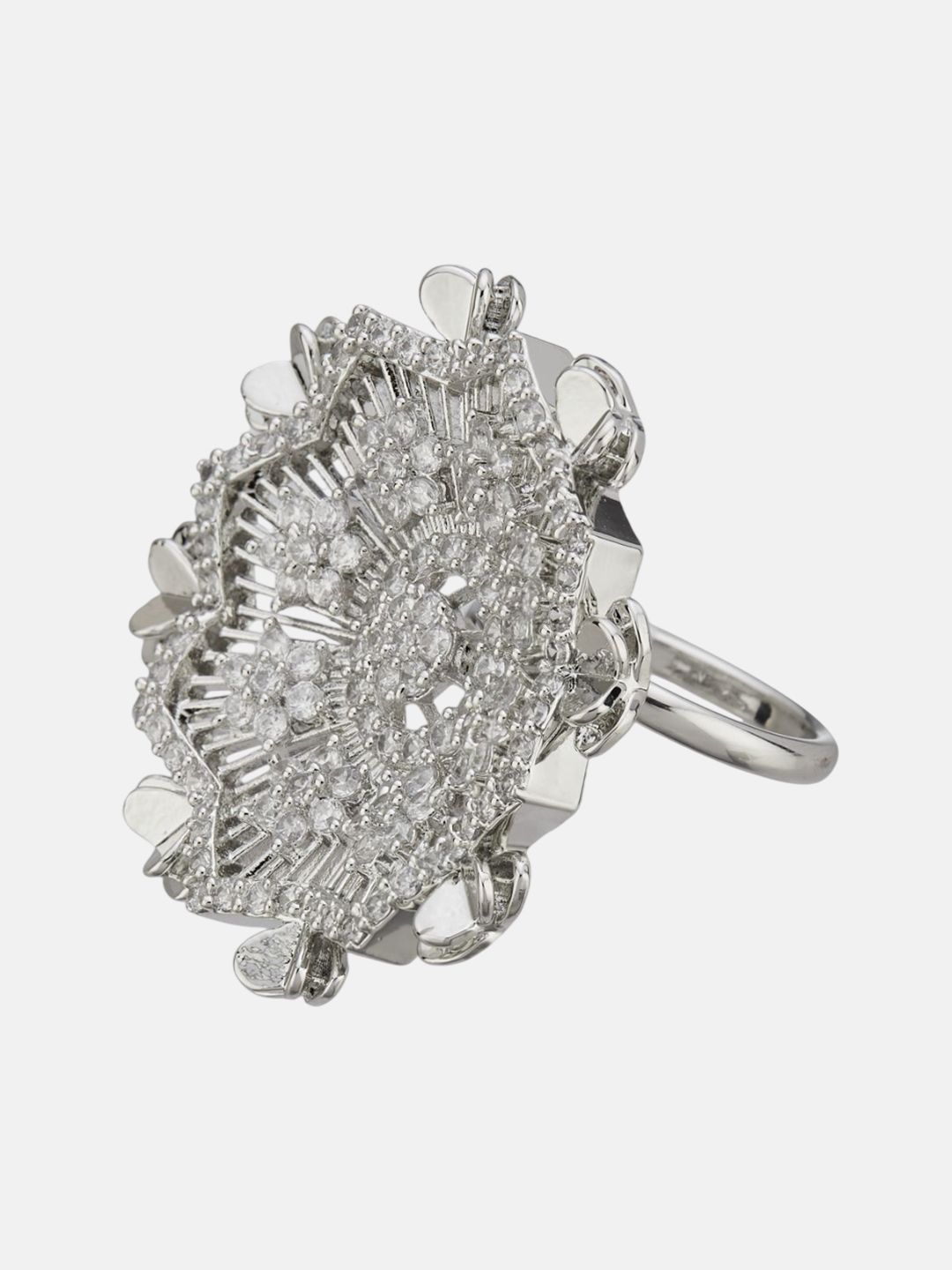 ATIBELLE Set Of 2 Silver-Plated Cubic Zirconia Studded Dazzling Finger Rings