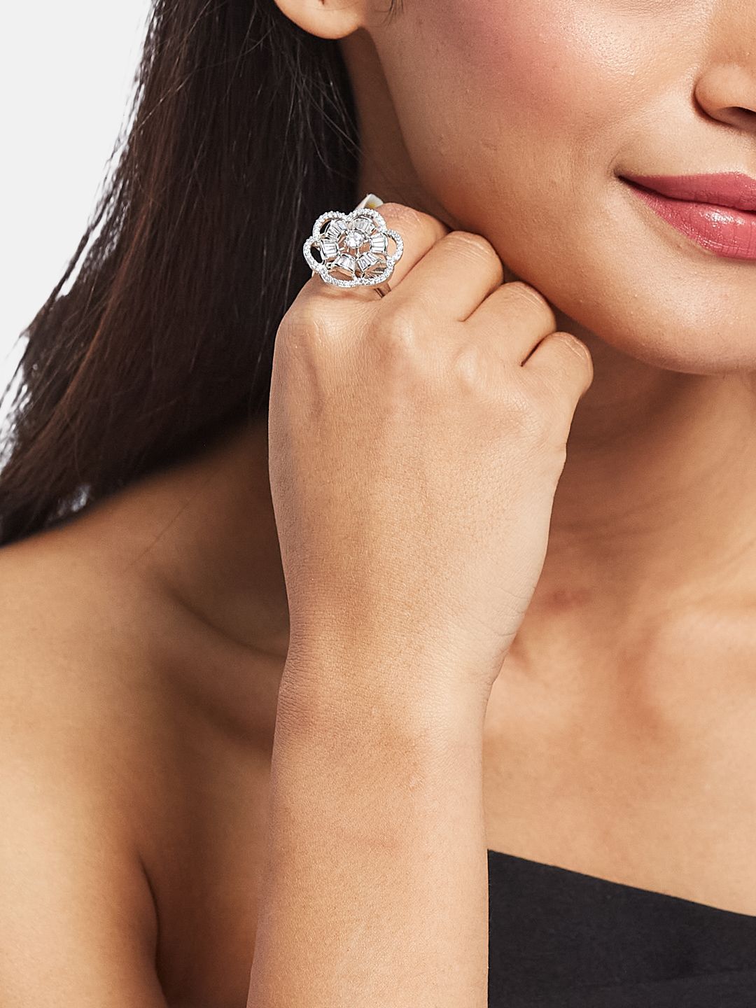 ATIBELLE Set Of 2 Silver-Plated Cubic Zirconia	Stone Studded Floral Rings