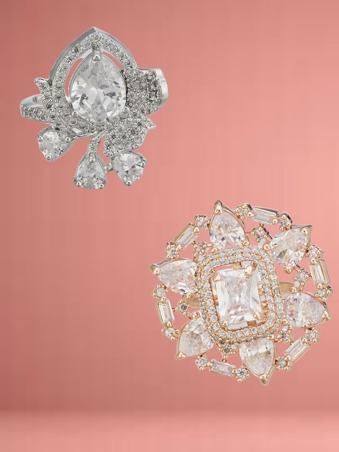 ATIBELLE Set Of 2 Rose Gold-Plated Cubic Zirconia Studded Fusion Finger Ring