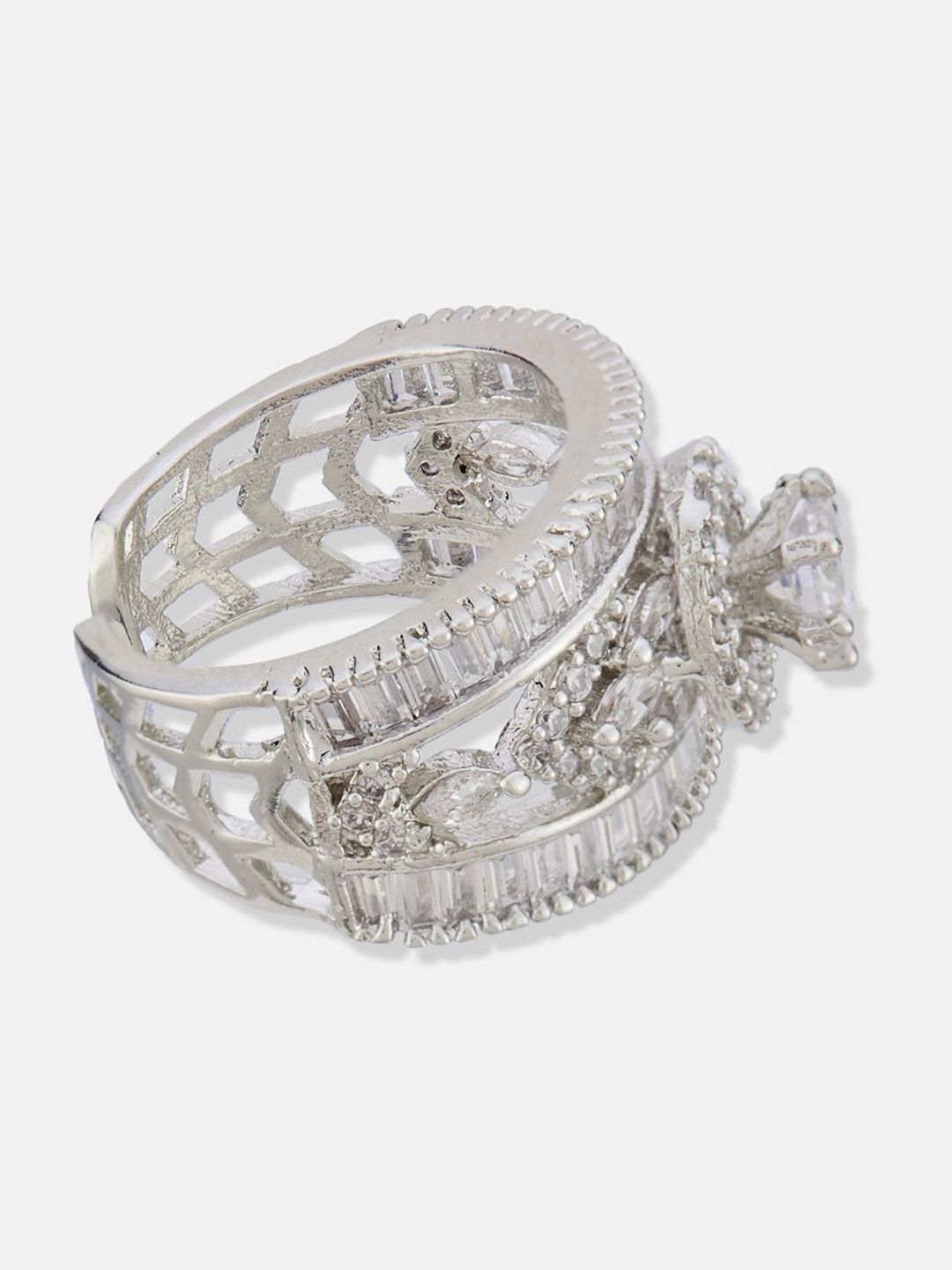 ATIBELLE Set Of 2 Silver-Plated Cubic Zirconia	Stone Studded Floral Rings