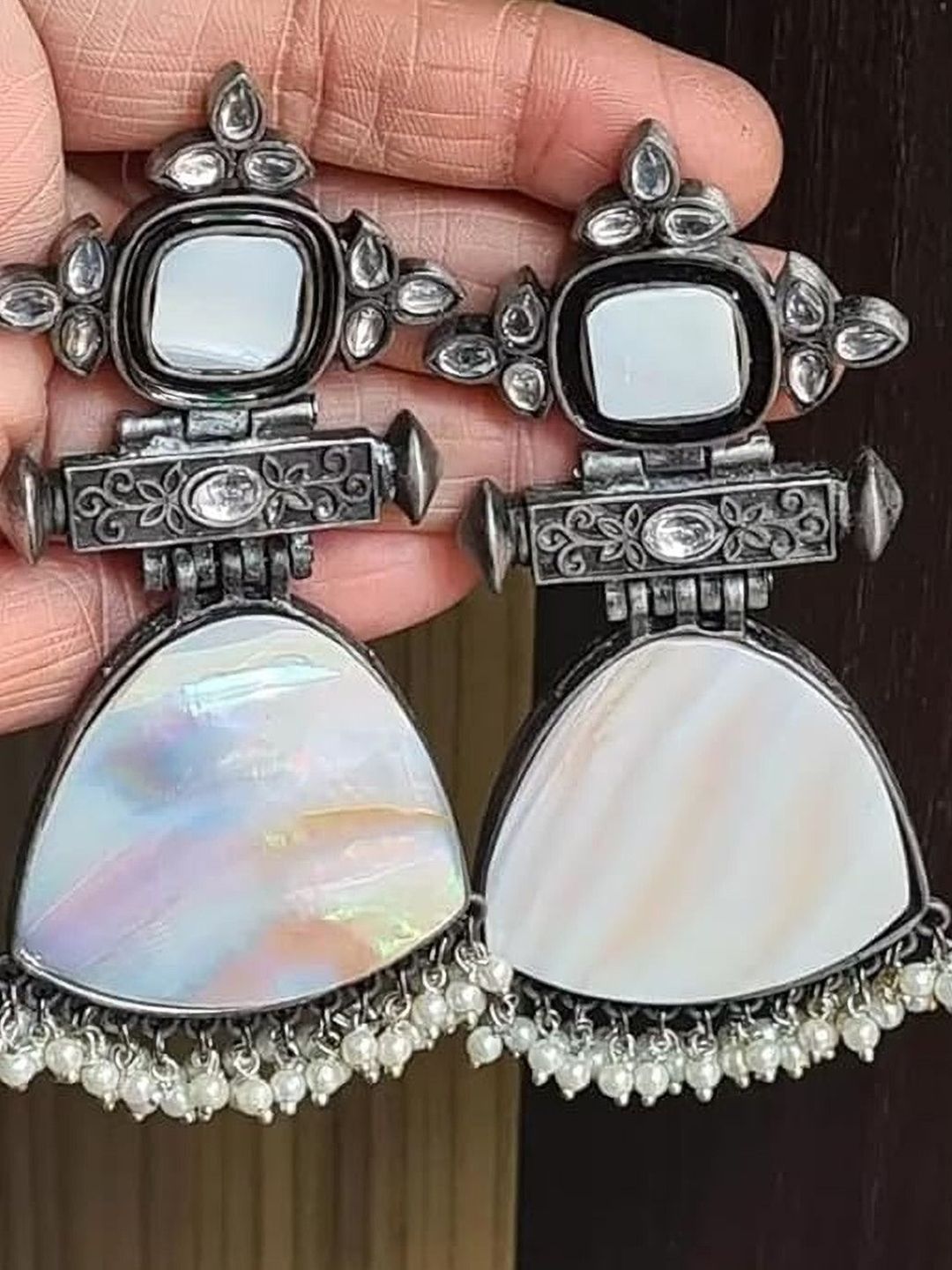 Sangria Silver Plated Artificial Stones Studded & Beaded Oxidised Drop Earrings-image-11