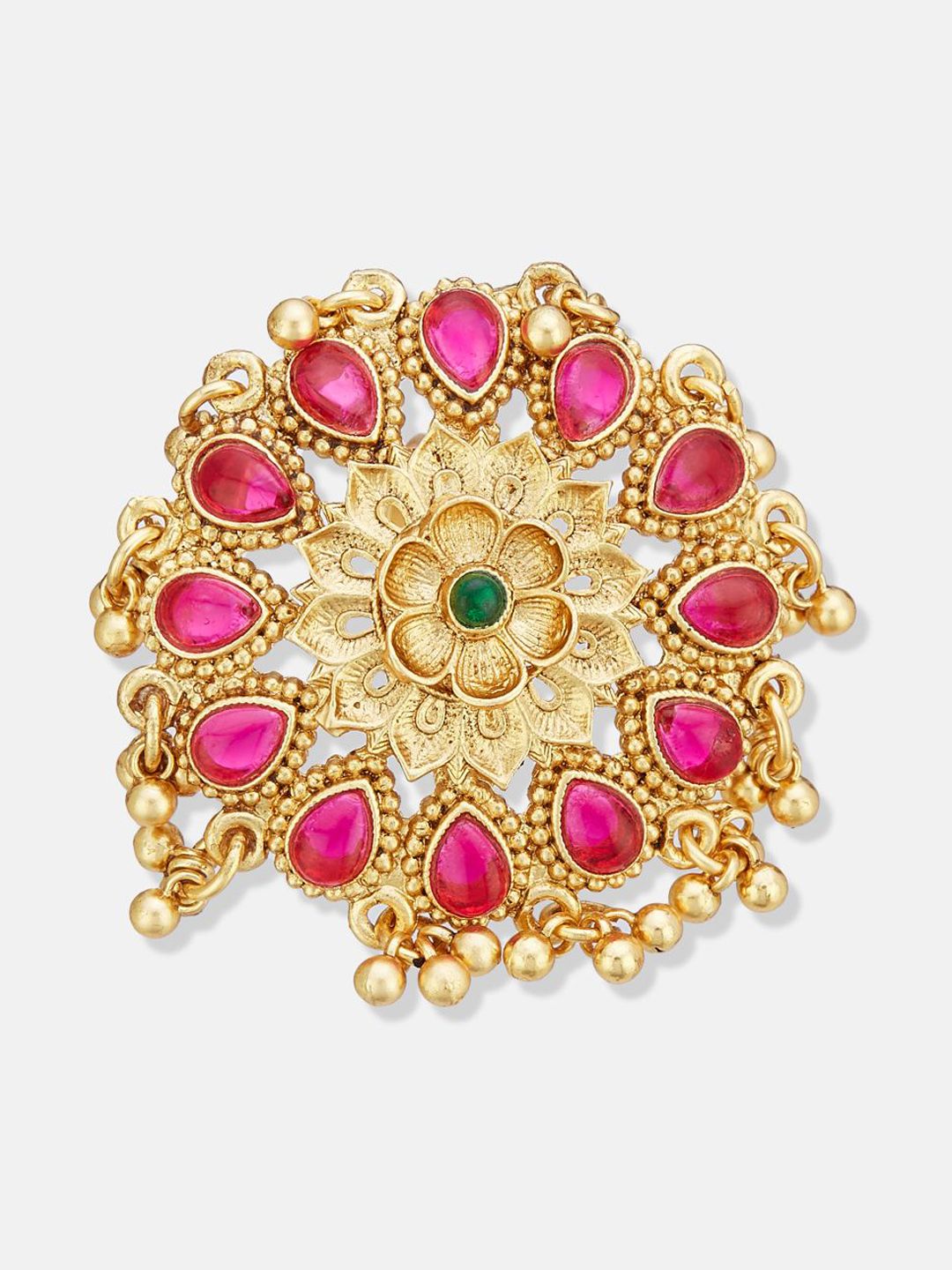 ATIBELLE Set Of 2 Gold-Plated Stone Studded & Beaded Peacock Shaped Finger Rings
