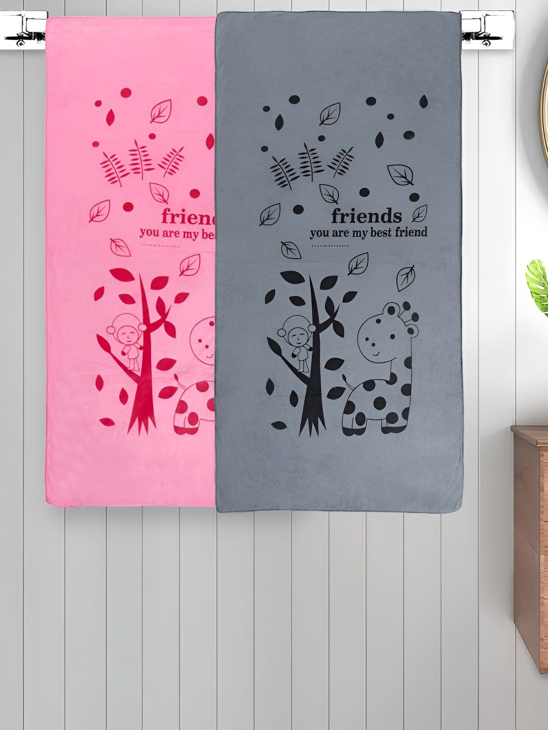Myntra Elegant Homes Pink & Grey 2 Printed Cotton 300 GSM Bath Towel-picture-25