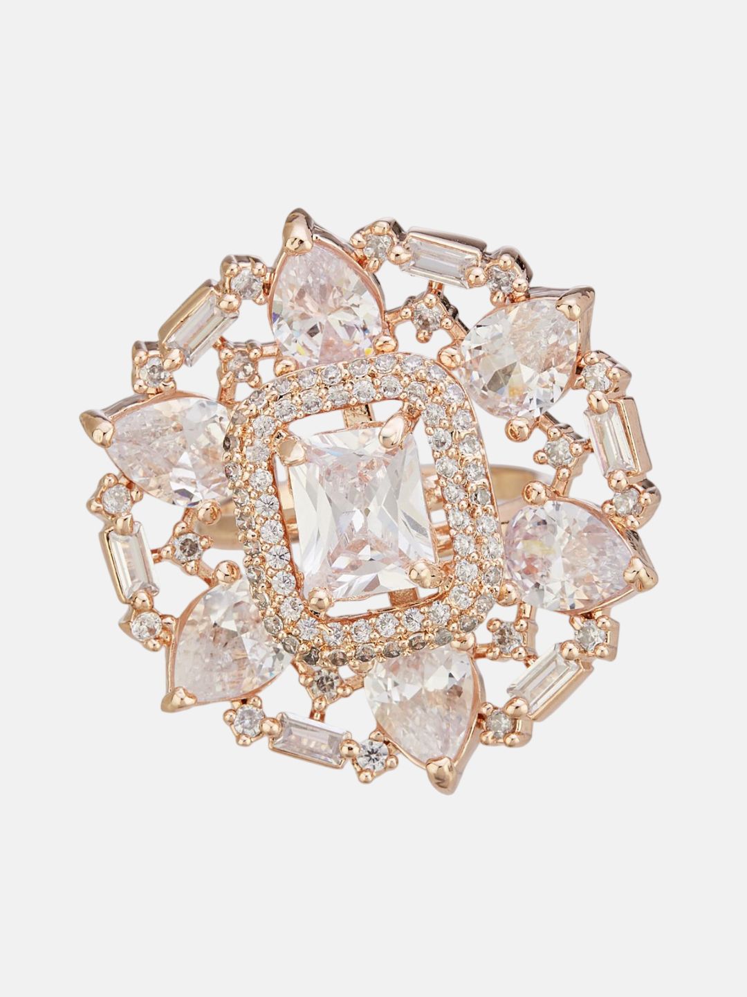 ATIBELLE Set Of 2 Rose Gold-Plated Cubic Zirconia Studded Fusion Finger Ring