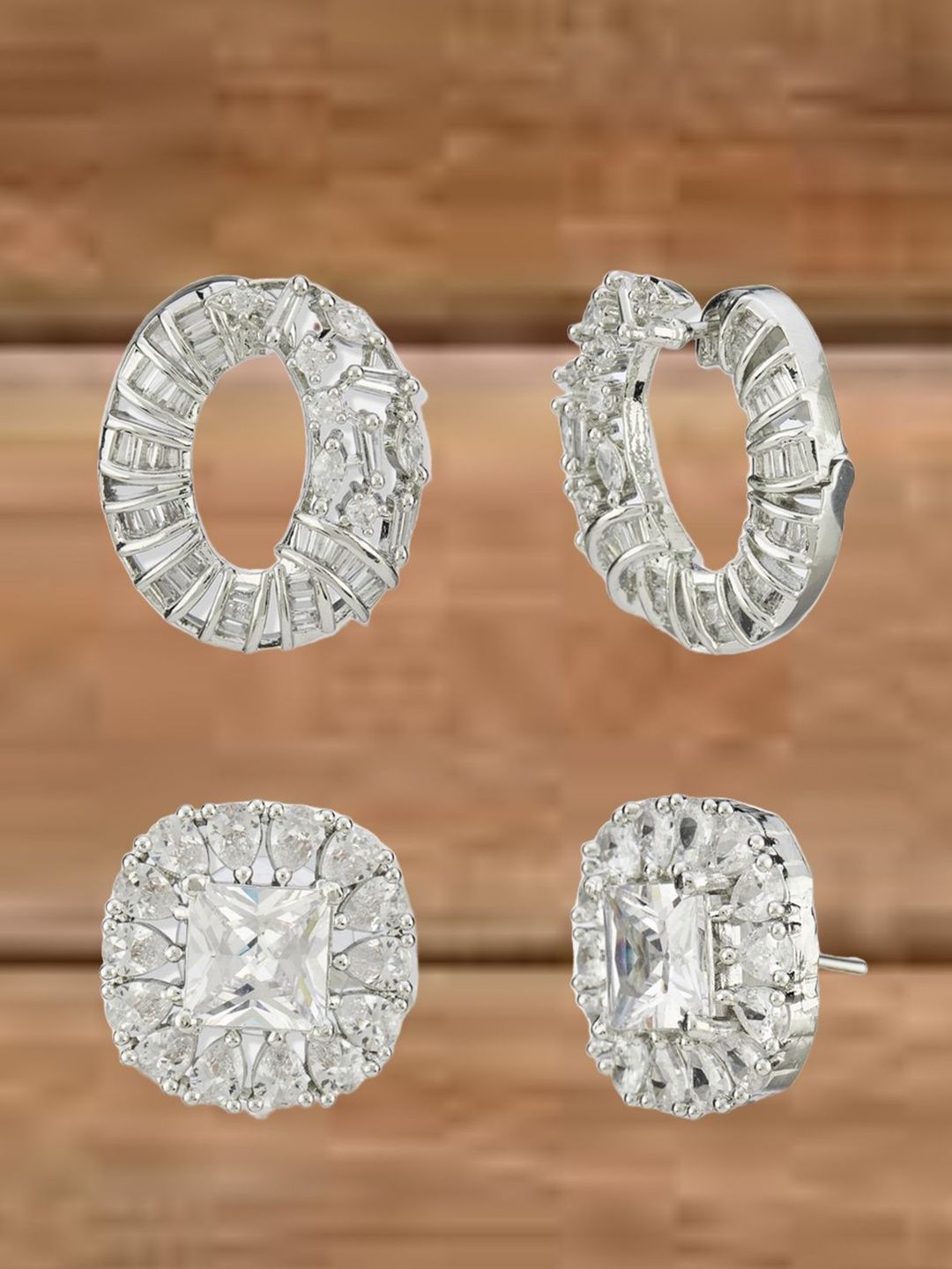 ATIBELLE Set of 2 Silver Plated Contemporary Cubic Zirconia Studded