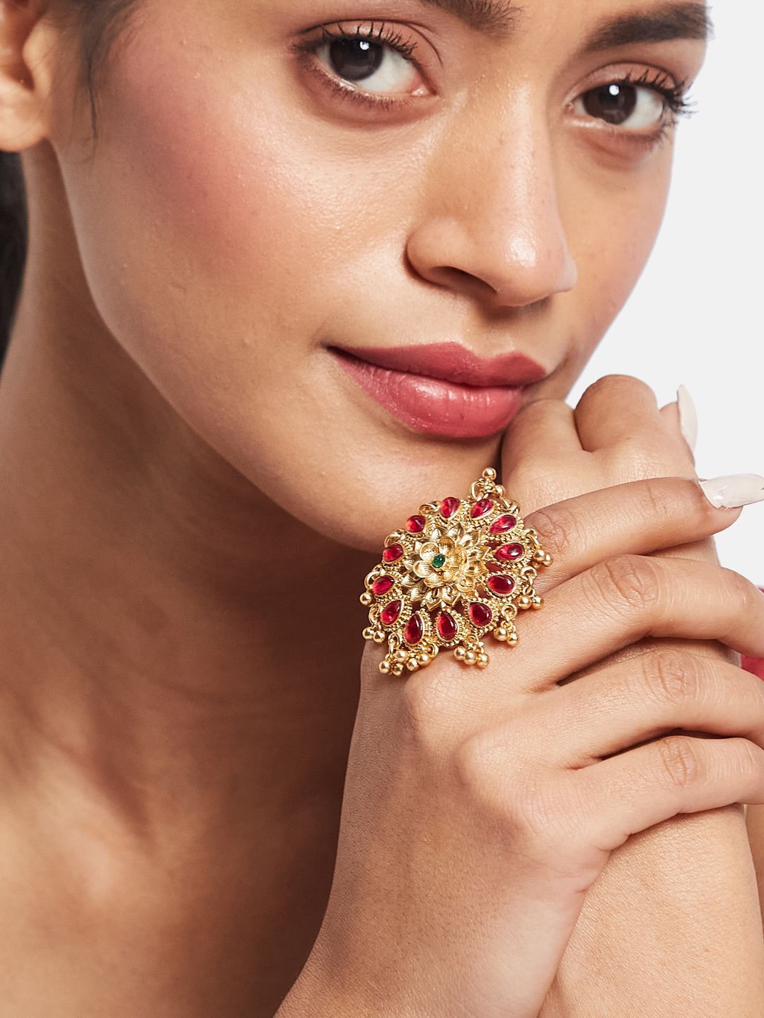 ATIBELLE Set Of 2 Gold-Plated Stone Studded & Beaded Peacock Shaped Finger Rings