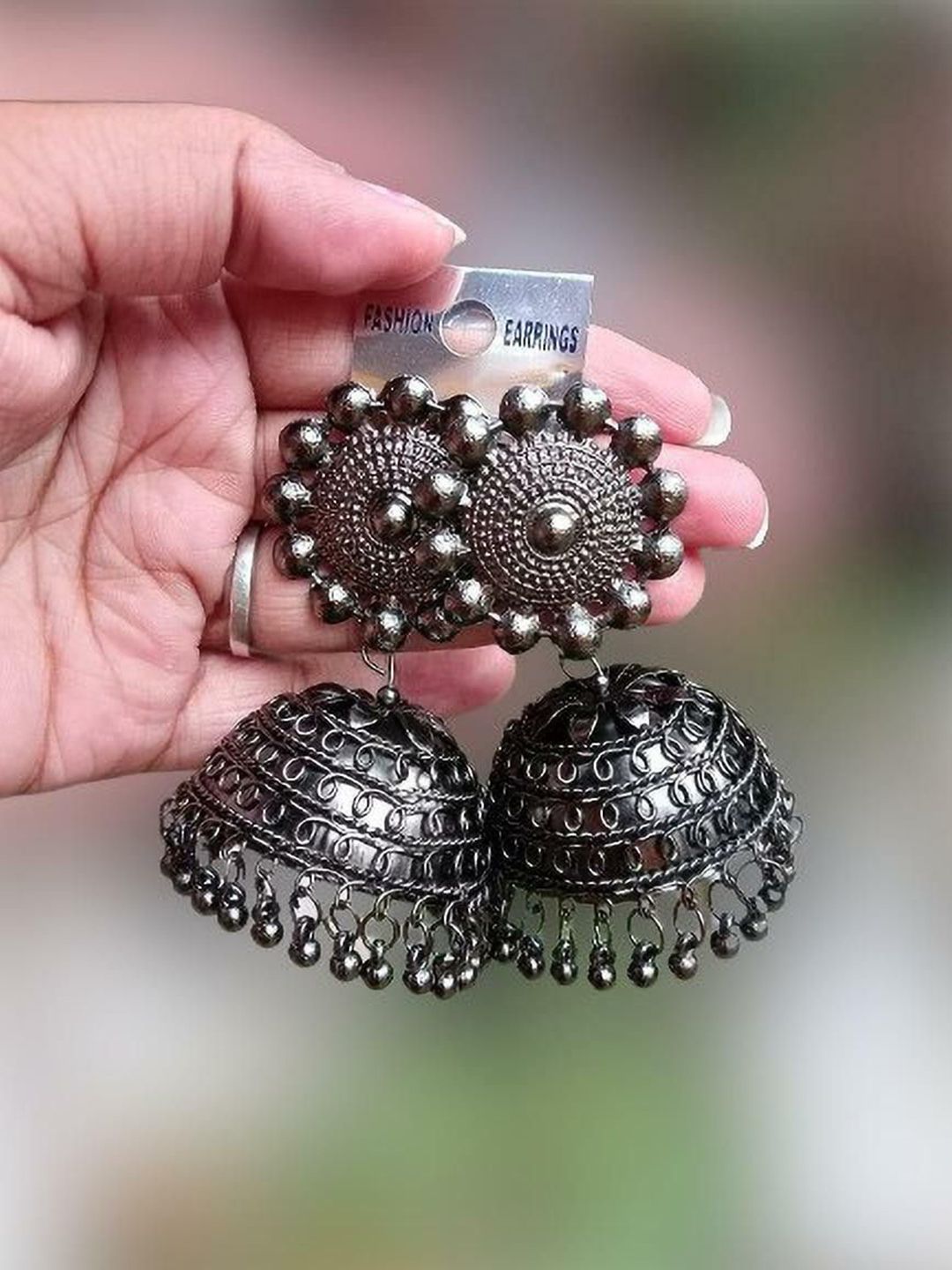 Sangria Silver Plated Artificial Beaded Oxidised Dome Shaped Jhumkas-picture-18
