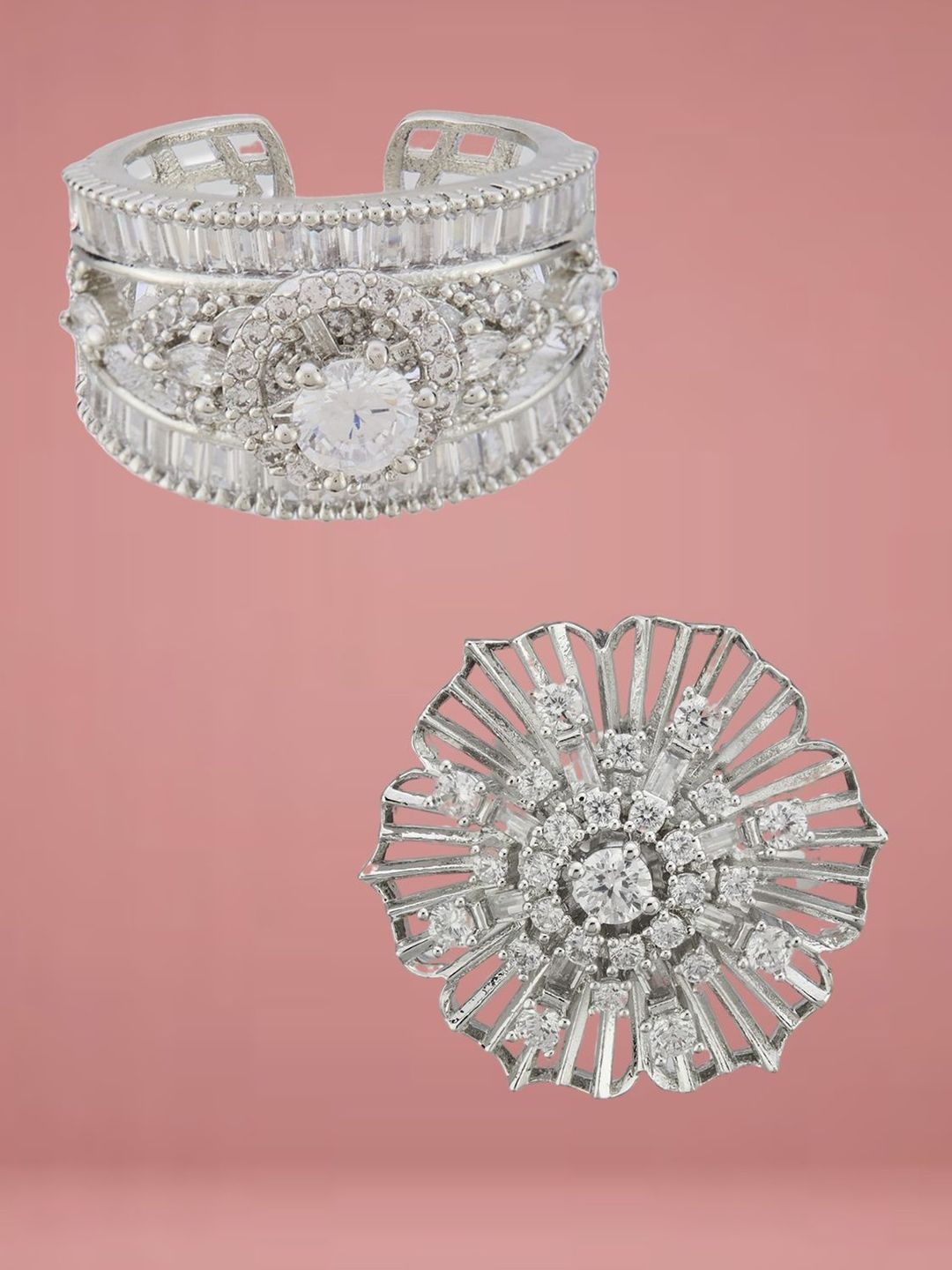 ATIBELLE Set Of 2 Silver Plated CZ Studded Finger Ring