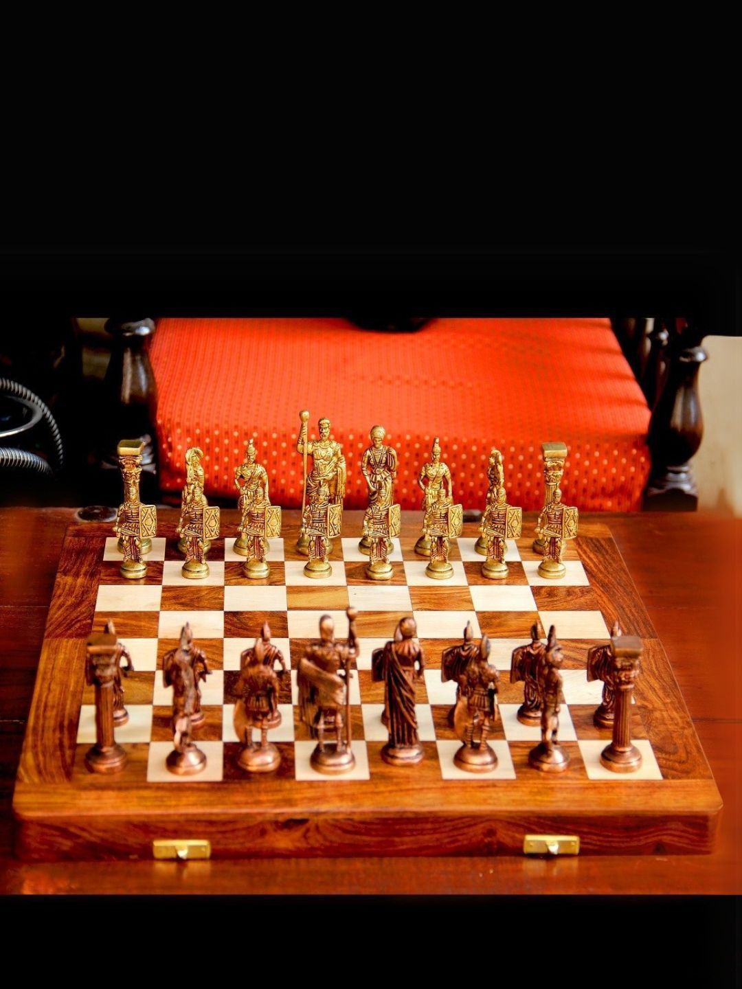 Unravel India Set of 2 Chess Brass Chess Set with wooden board-image-20