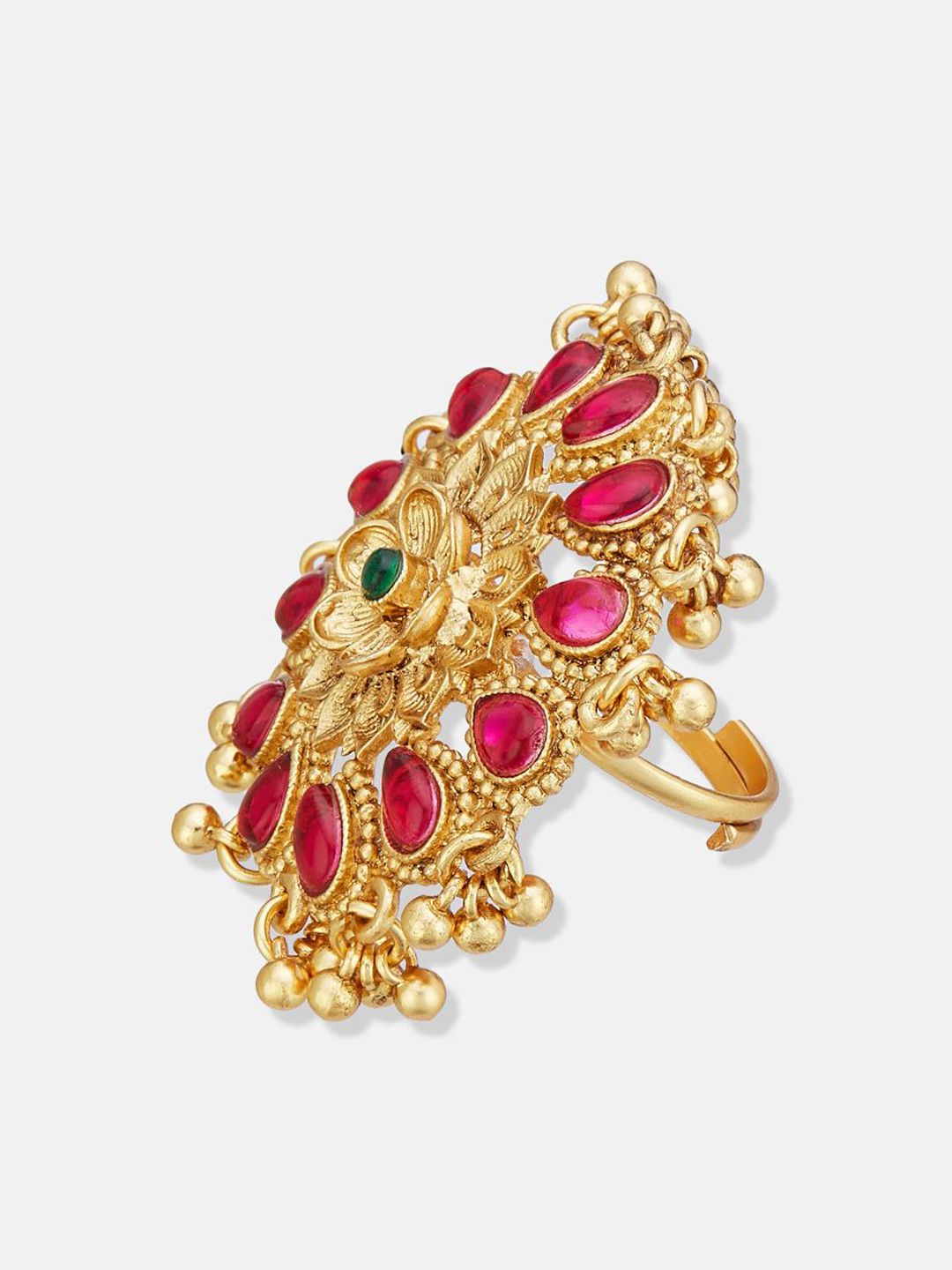 ATIBELLE Set Of 2 Gold-Plated Stone Studded & Beaded Peacock Shaped Finger Rings