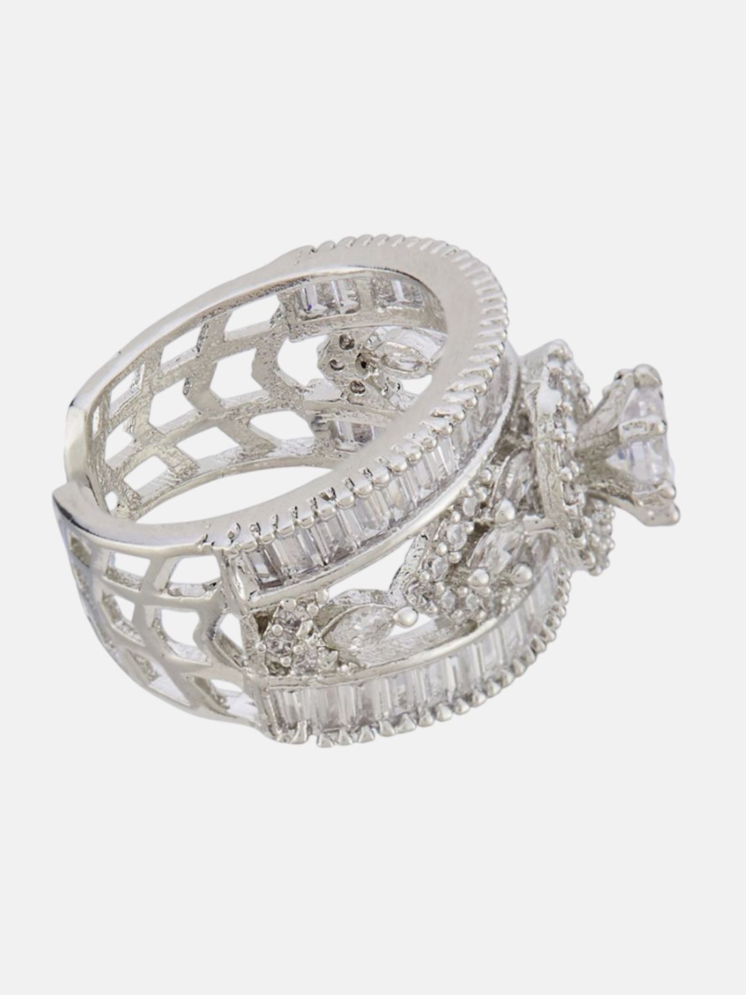 ATIBELLE Set Of 2 Silver-Plated Cubic Zirconia	Stone Studded Floral Rings