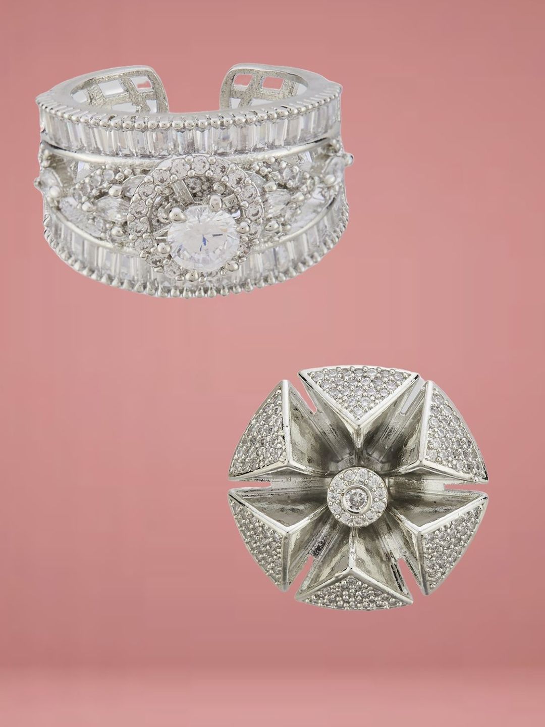ATIBELLE Set Of 2 Silver Plated CZ Studded Finger Ring