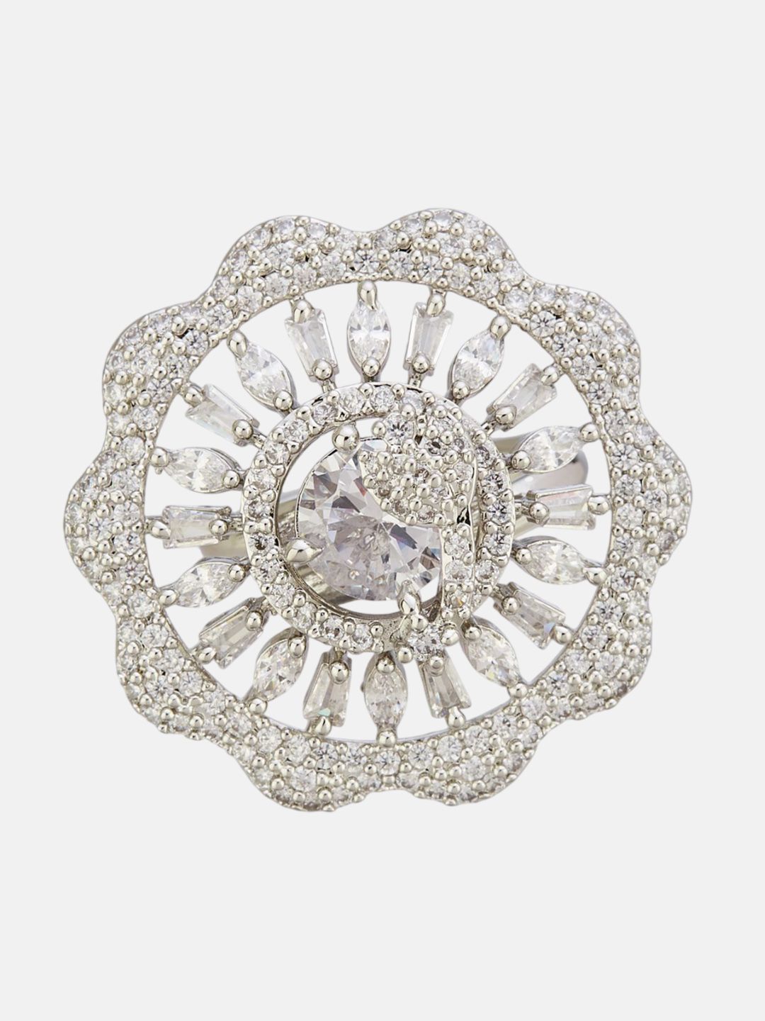 ATIBELLE Set Of 2 Silver-Plated Cubic Zirconia Studded Floral-Shaped Finger Rings