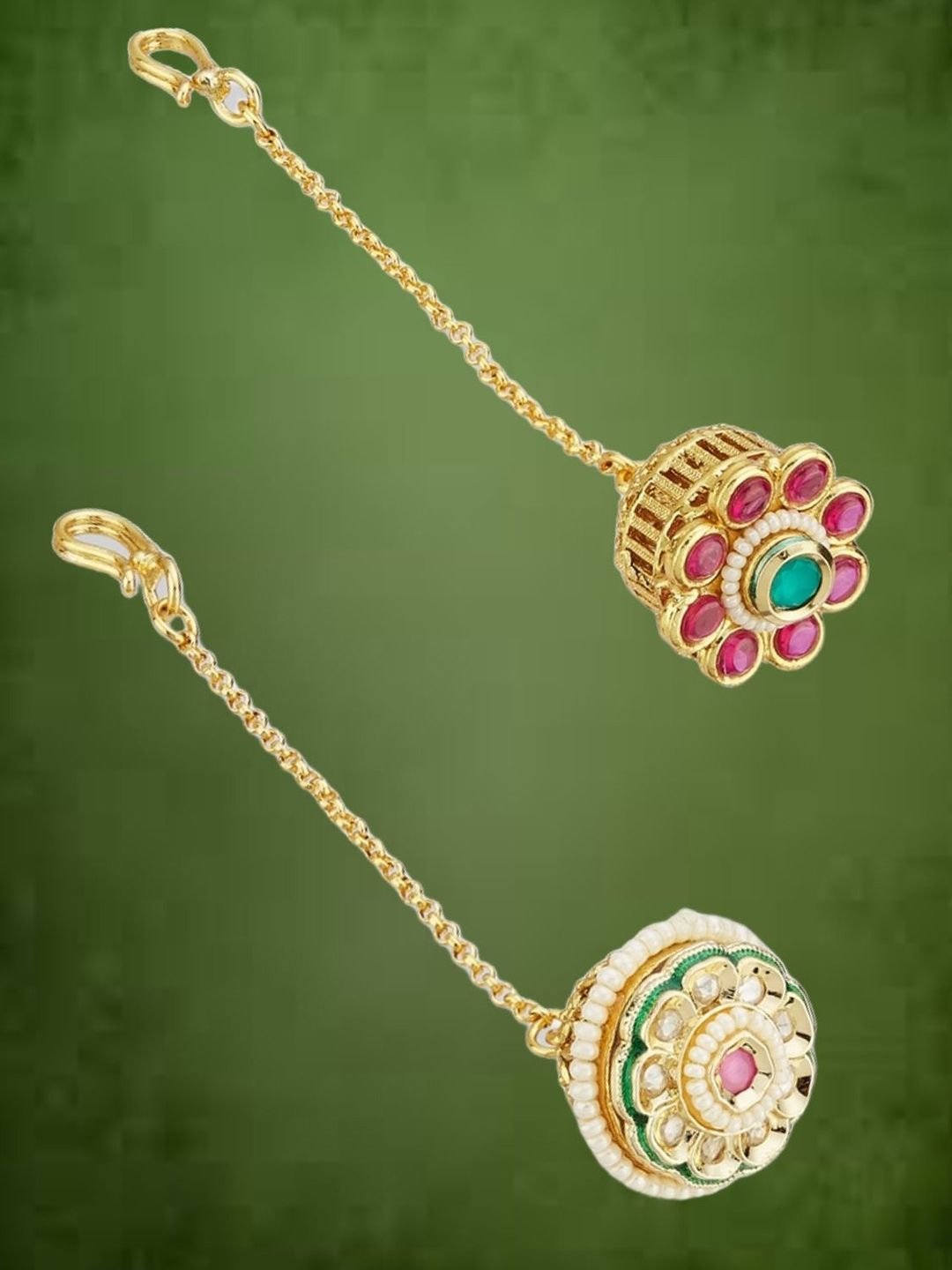 ATIBELLE Set of 2 Gold-Plated Stone Studded and Rajasthani Borla Beaded Maang Tikkas