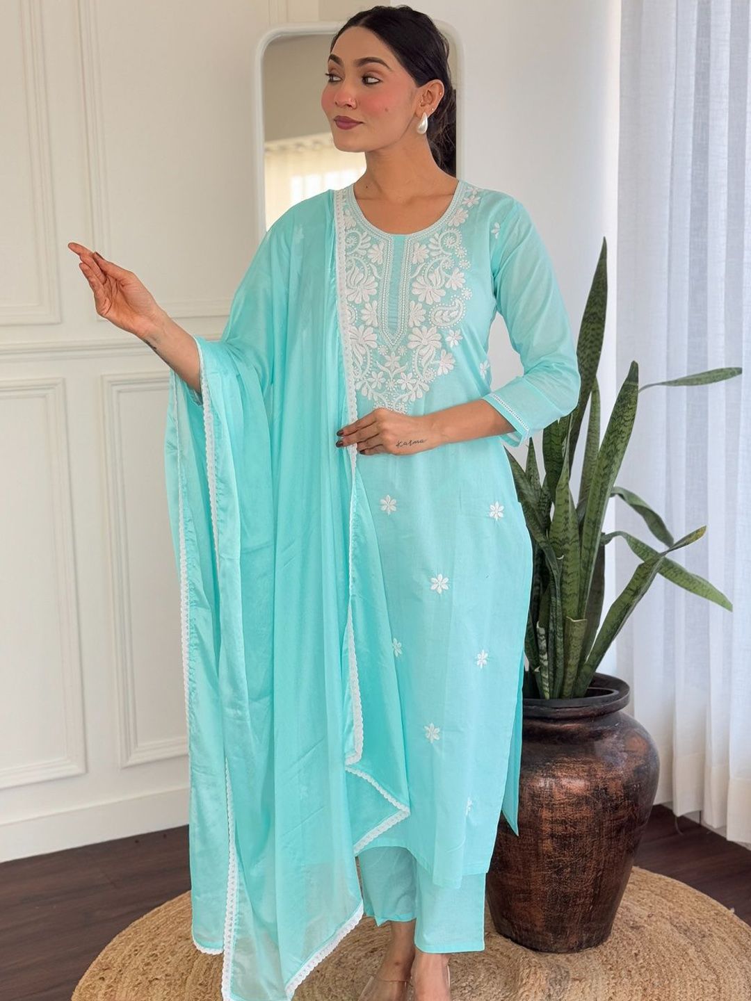 Growdamy Women Floral Embroidered Cotton Kurta with Trousers & Dupatta