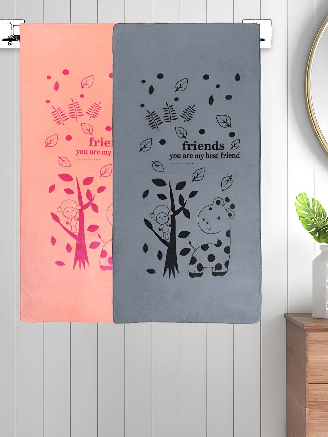 Myntra Elegant Homes Grey & Peach-Coloured 2 Printed Cotton 300 GSM Bath Towel-picture-55