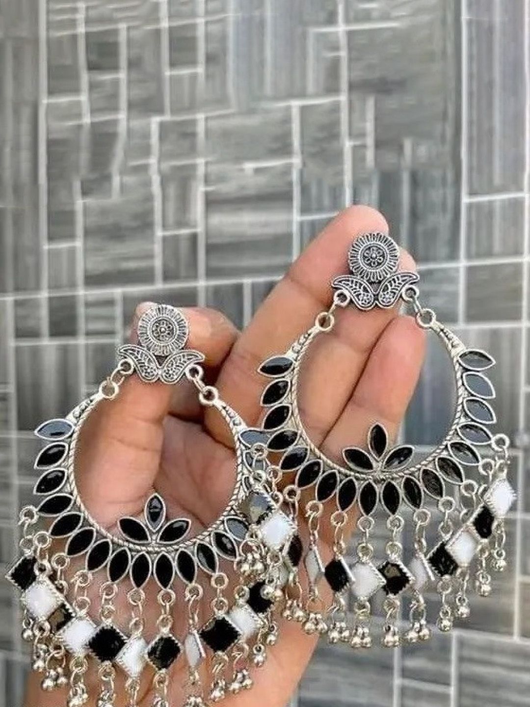 Sangria Silver Plated Artificial Stones Studded & Beaded Oxidised Drop Earrings-image-35