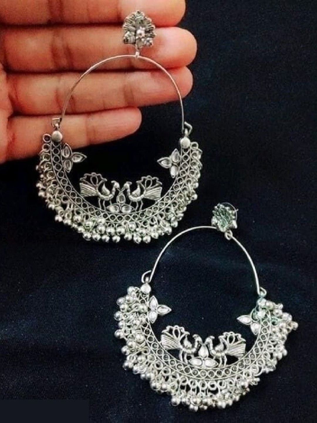 Sangria Silver Plated Artificial Stones Studded & Beaded Oxidised Drop Earrings-image-45