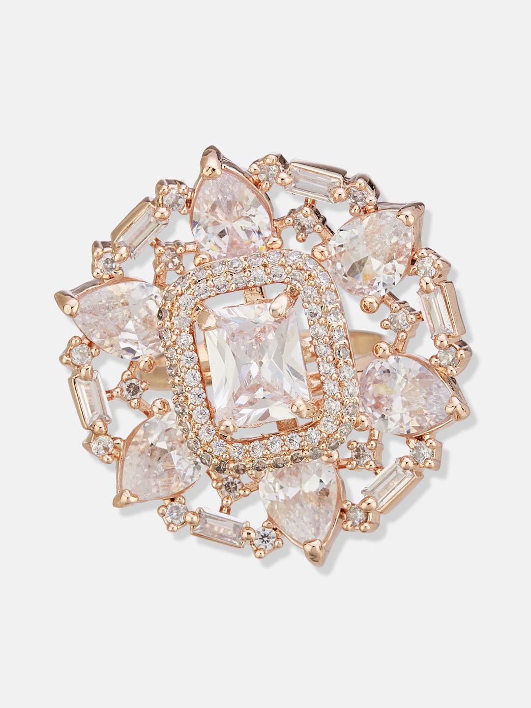ATIBELLE Set Of 2 Rose Gold-Plated Cubic Zirconia Studded Fusion Finger Rings