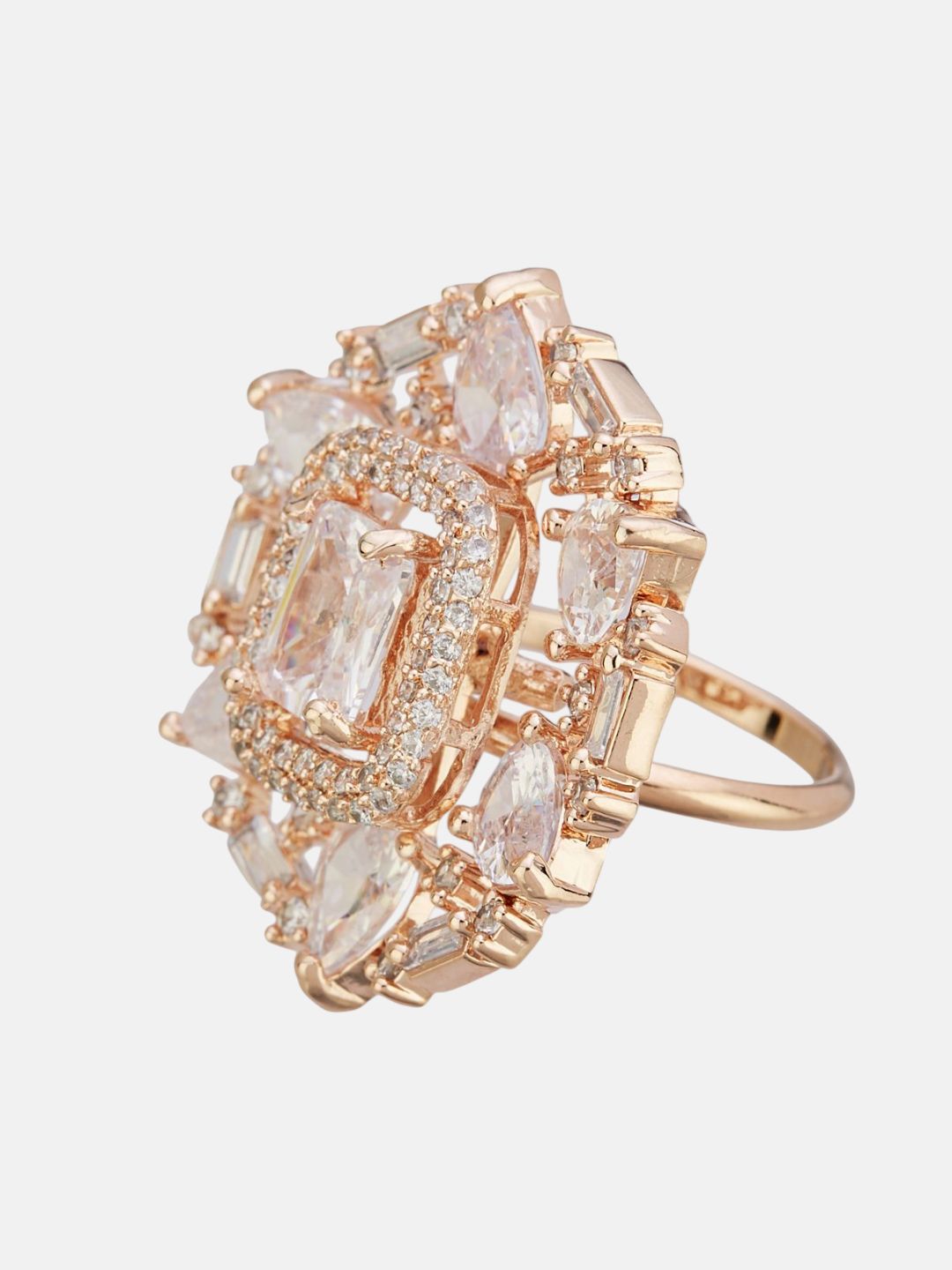 ATIBELLE Set Of 2 Rose Gold-Plated Cubic Zirconia Studded Fusion Finger Ring