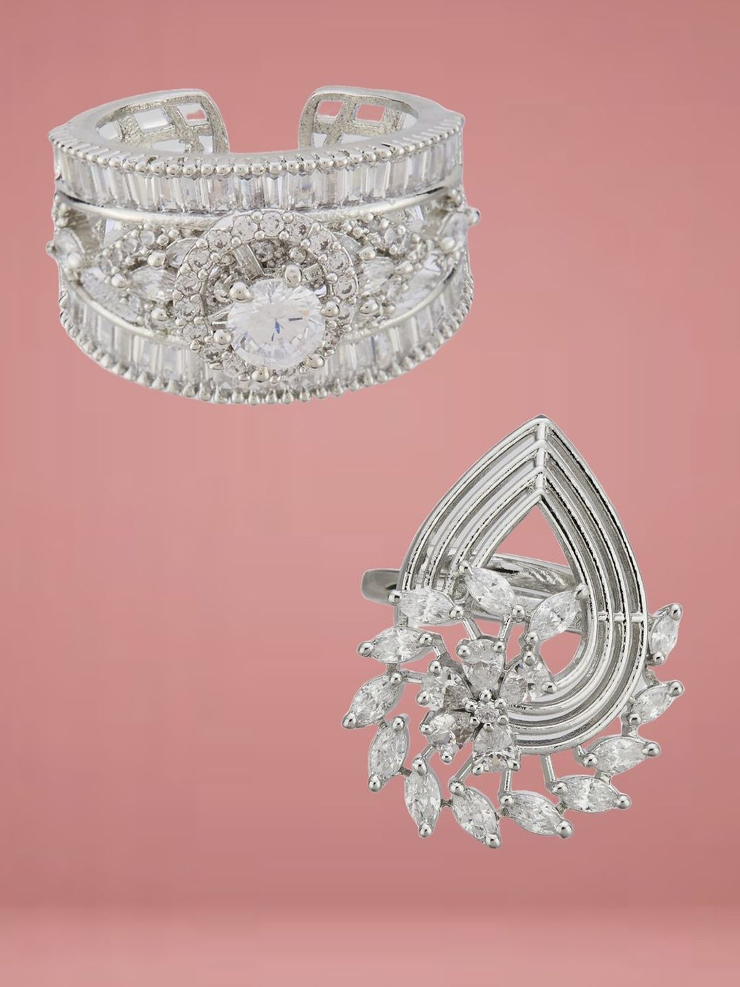 ATIBELLE Set Of 2 Silver Plated Cubic Zirconia Studded Adjustable Finger Ring