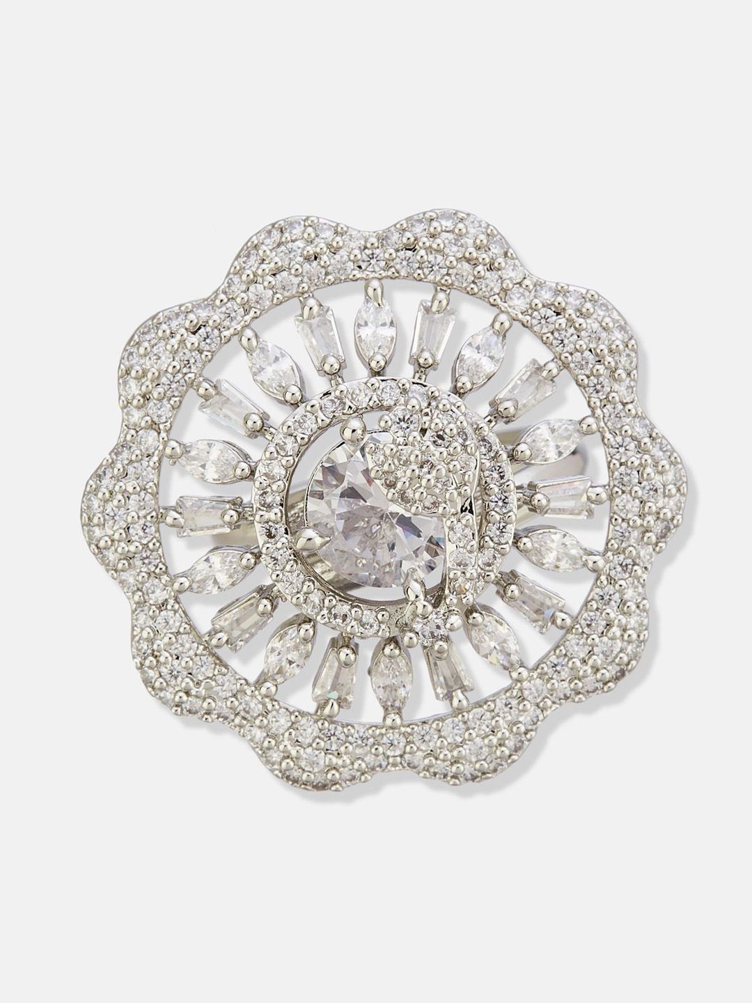 ATIBELLE Set Of 2 Silver-Plated Cubic Zirconia	Stone Studded Floral Rings