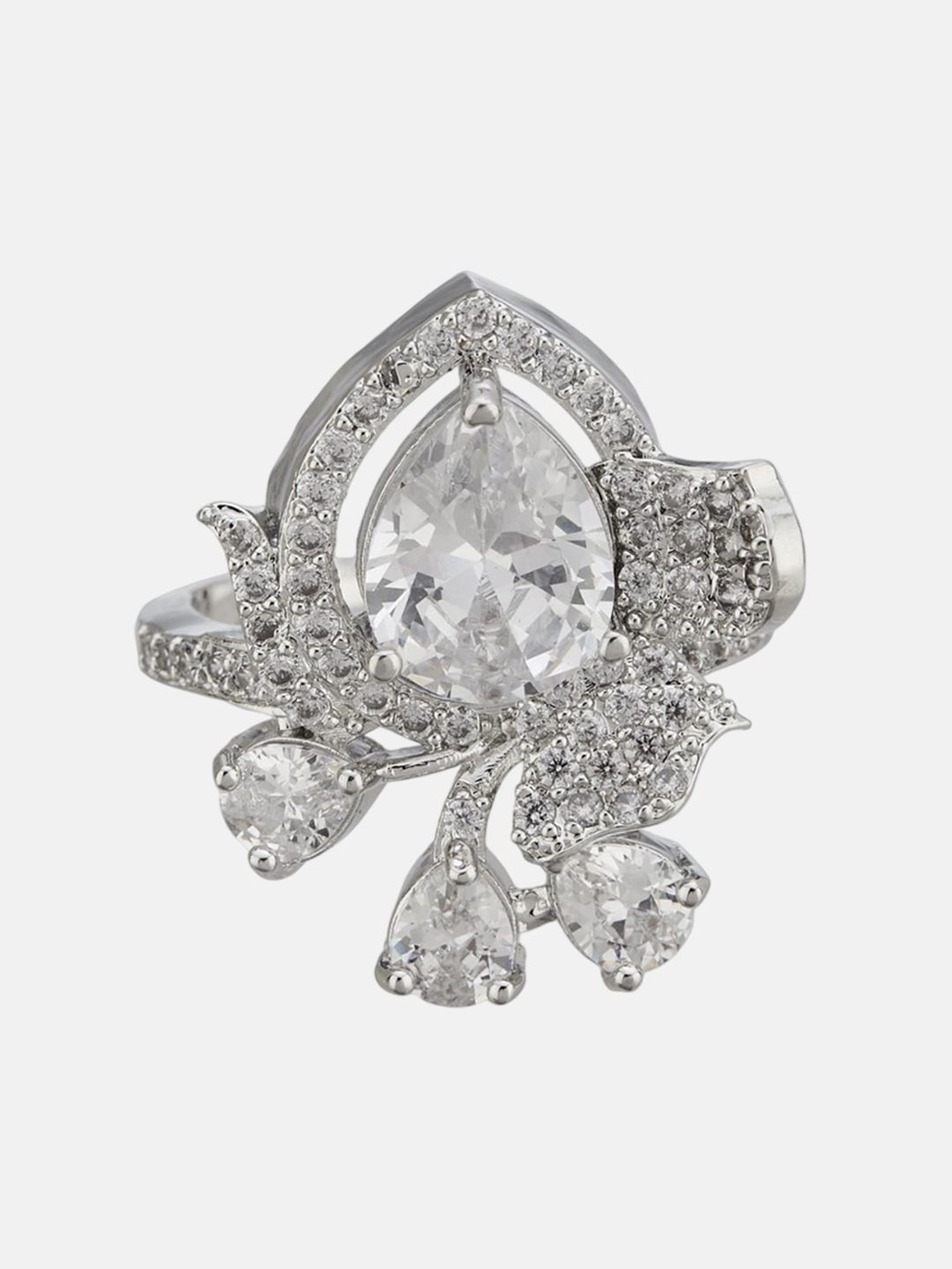ATIBELLE Set Of 2 Silver-Plated Cubic Zirconia Studded Floral Finger Ring