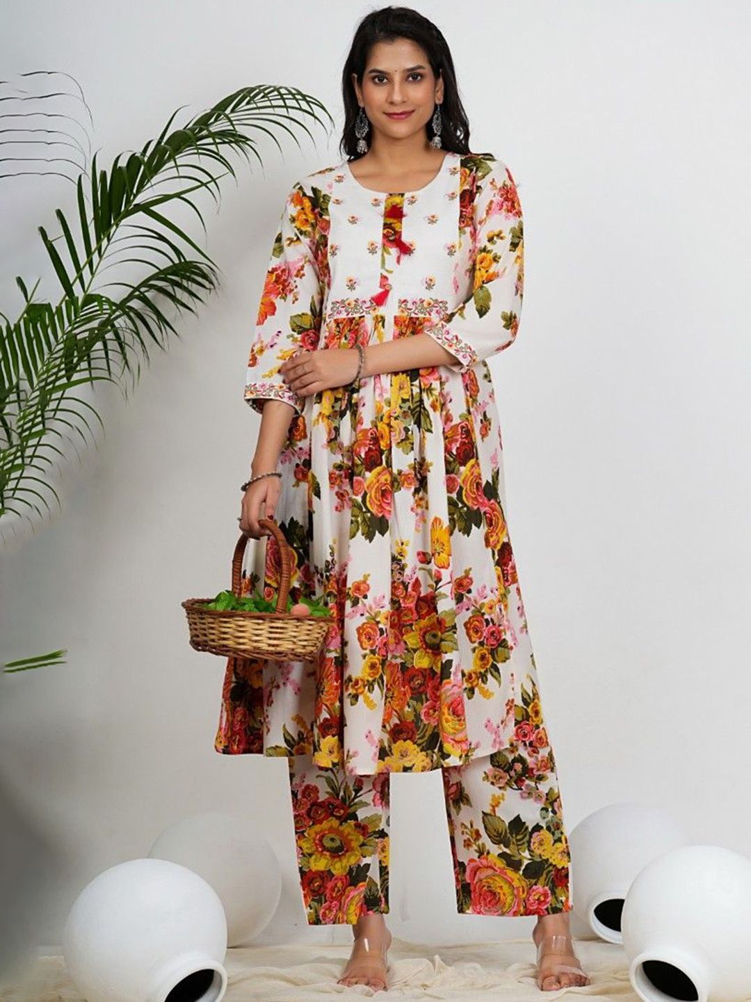 Women Red Floral Wrap Anarkali Kurta With Palazzos