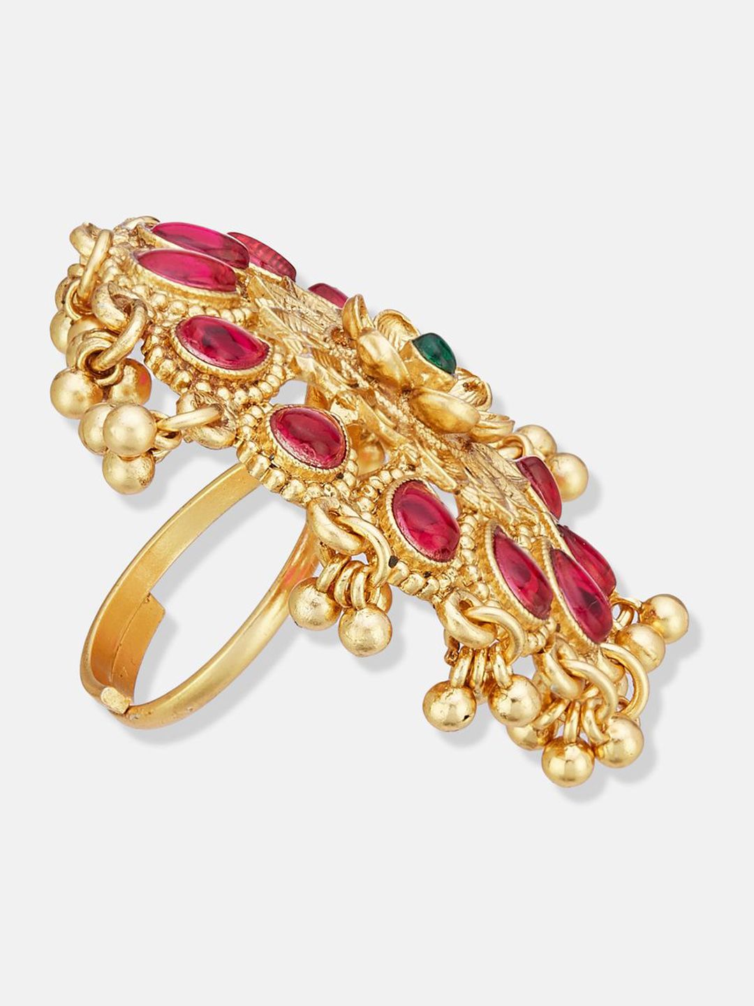 ATIBELLE Set Of 2 Gold-Plated Stone Studded & Beaded Peacock Shaped Finger Rings