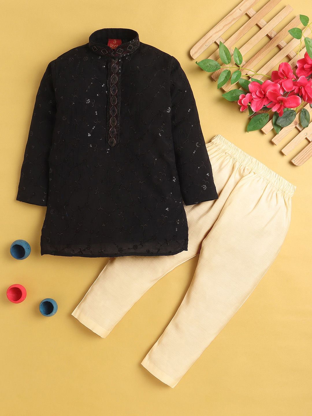 BAESD Boys Ethnic Motifs Embroidered Regular Sequinned Kurta with Pyjamas-image-7