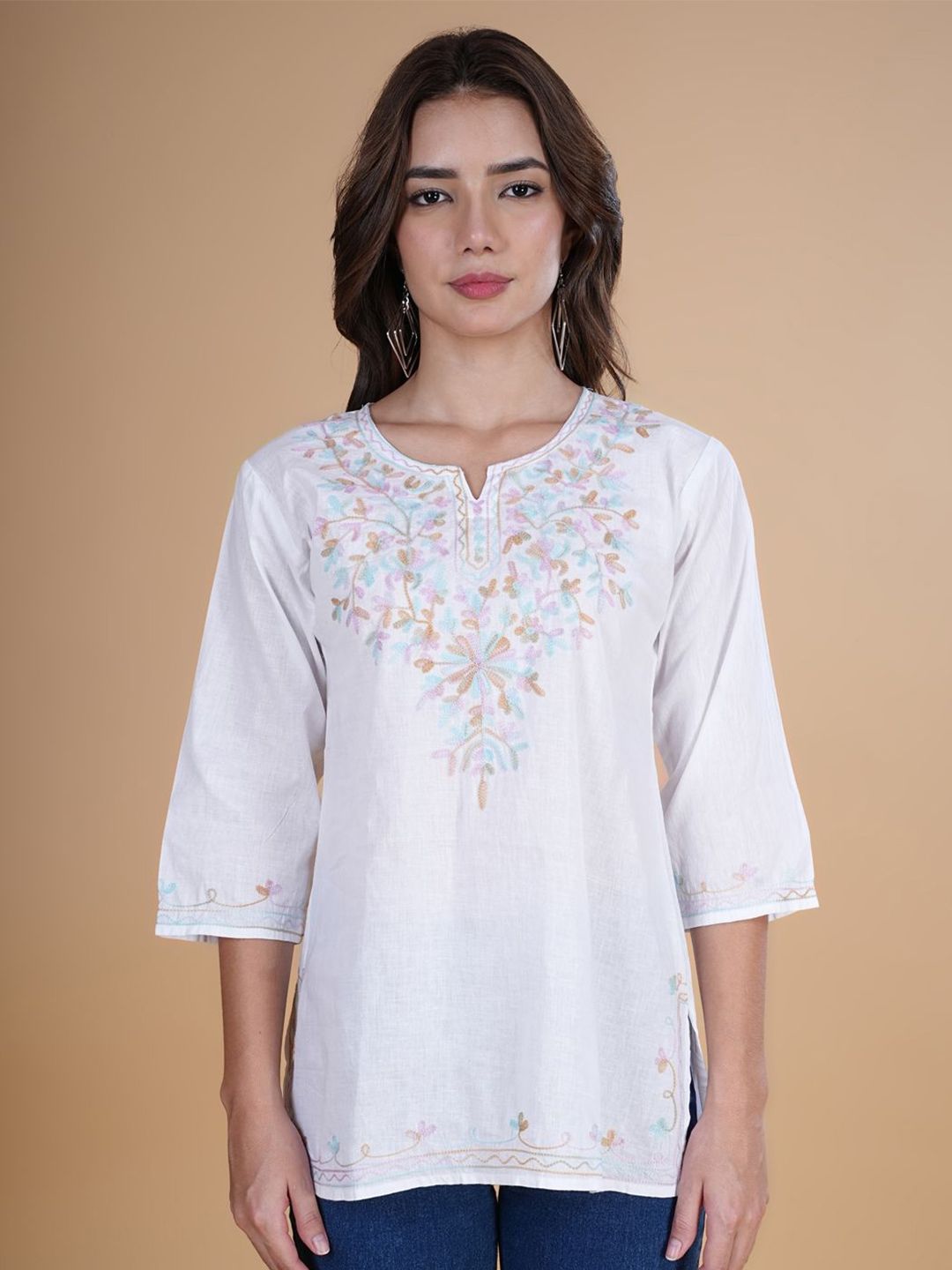 DESIGNER DHAAGE Floral Embroidered Notch Neck Pure Cotton Straight Kurti-image-44