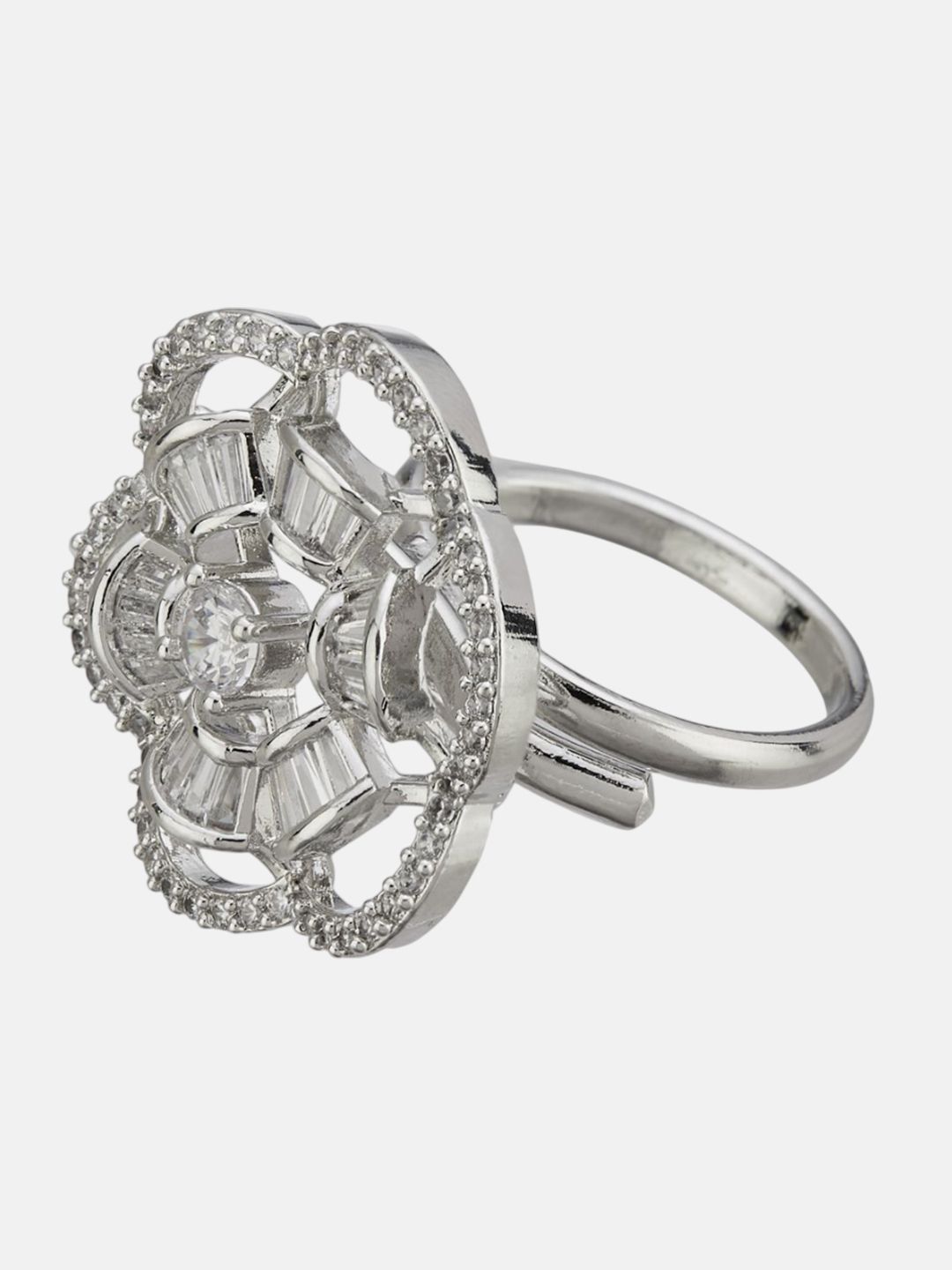 ATIBELLE Set Of 2 Silver-Plated Cubic Zirconia	Stone Studded Floral Rings