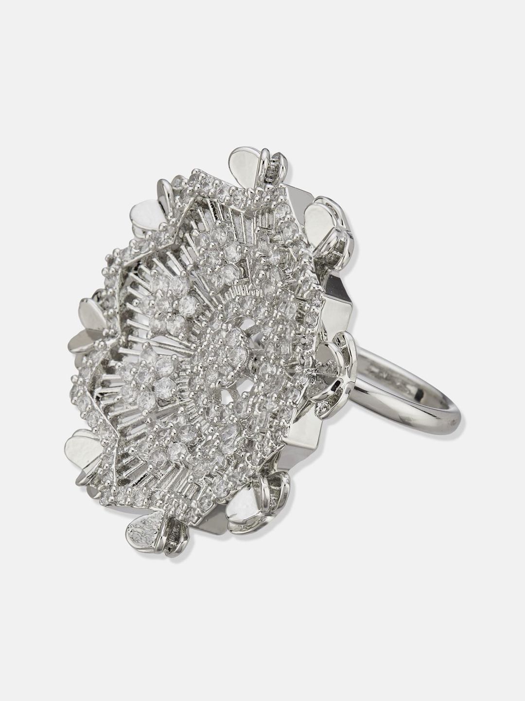 ATIBELLE Set Of 2 Silver-Plated Cubic Zirconia Studded Floral-Shaped Finger Rings
