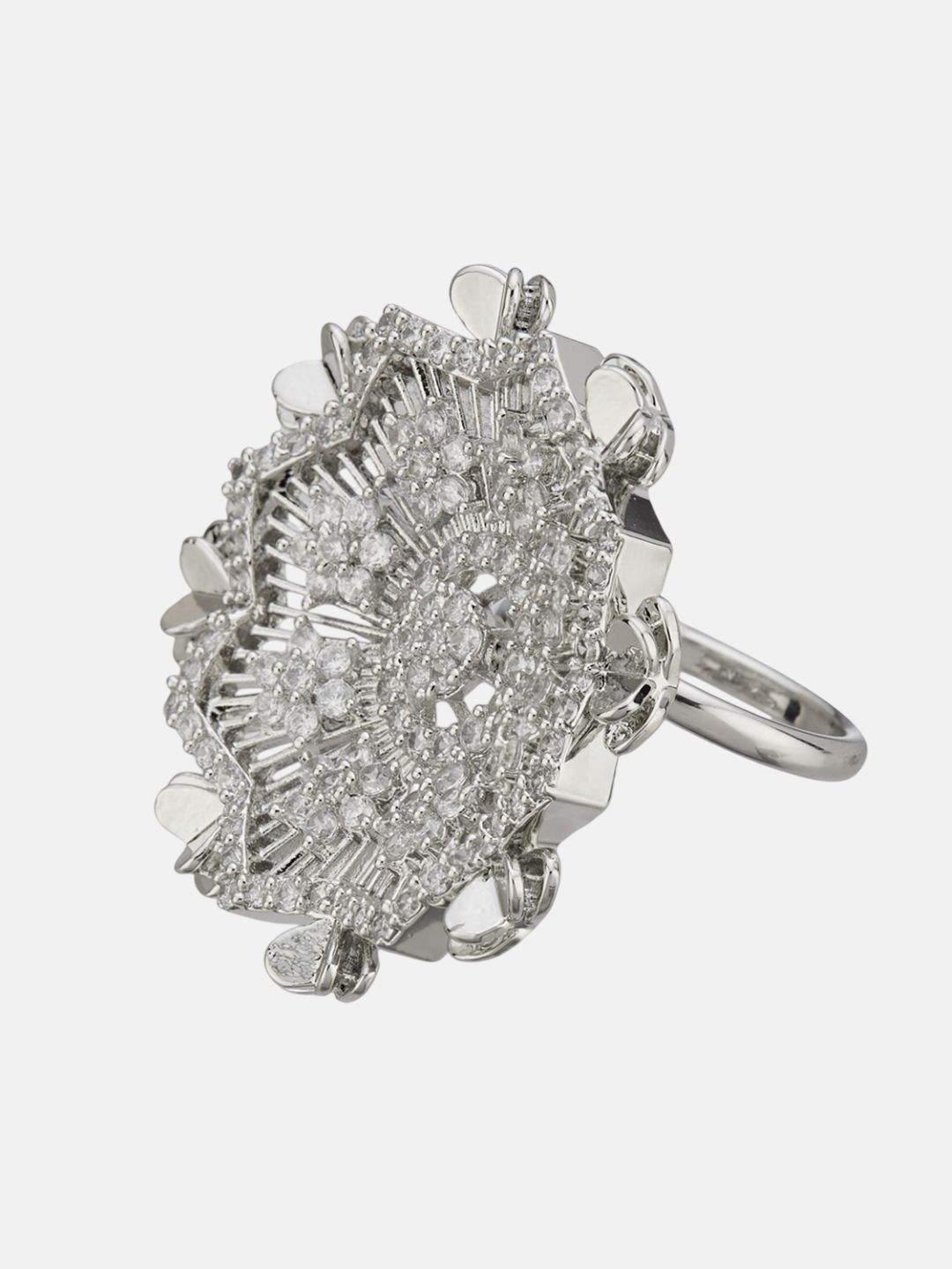 ATIBELLE Set Of 2 Silver-Plated Cubic Zirconia Studded Floral Finger Ring