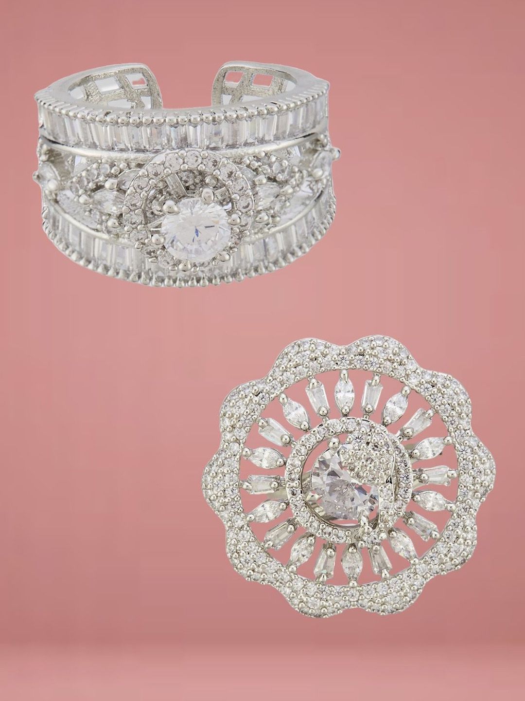 ATIBELLE Set Of 2 Silver-Plated Cubic Zirconia	Stone Studded Floral Rings