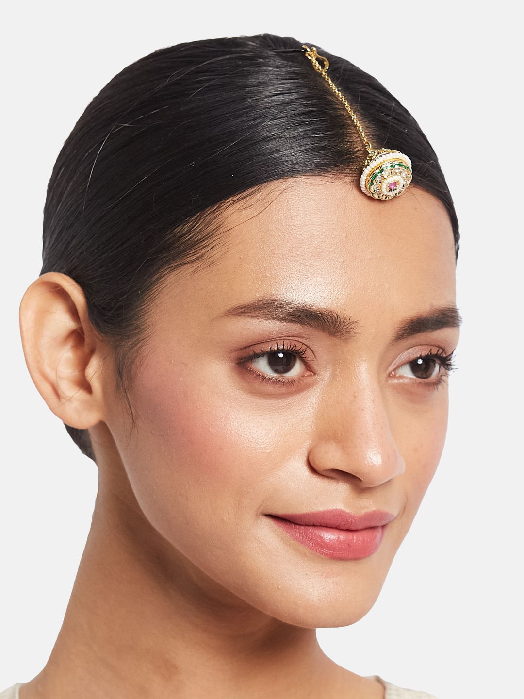ATIBELLE Set of 2 Gold-Plated Stone Studded and Rajasthani Borla Beaded Maang Tikkas