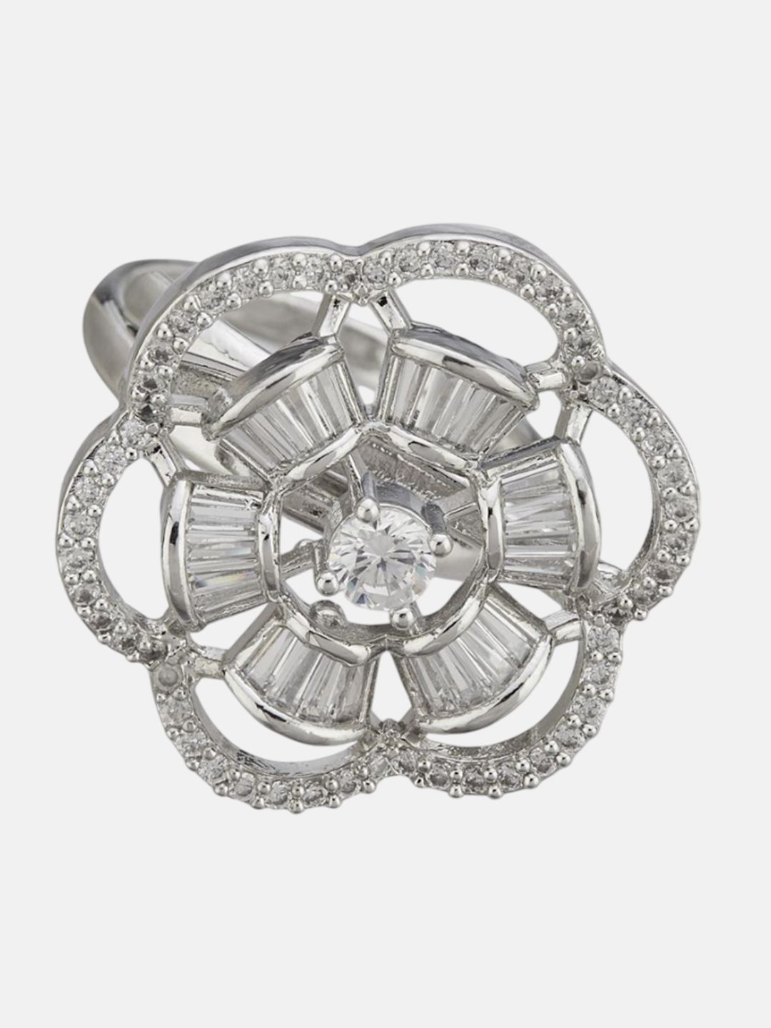 ATIBELLE Set Of 2 Silver-Plated Cubic Zirconia	Stone Studded Floral Rings