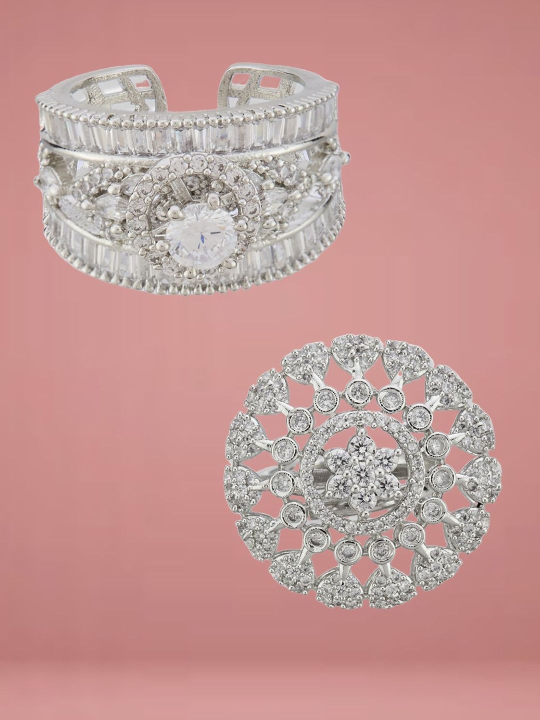 ATIBELLE Set Of 2 Silver Plated CZ Studded Finger Ring