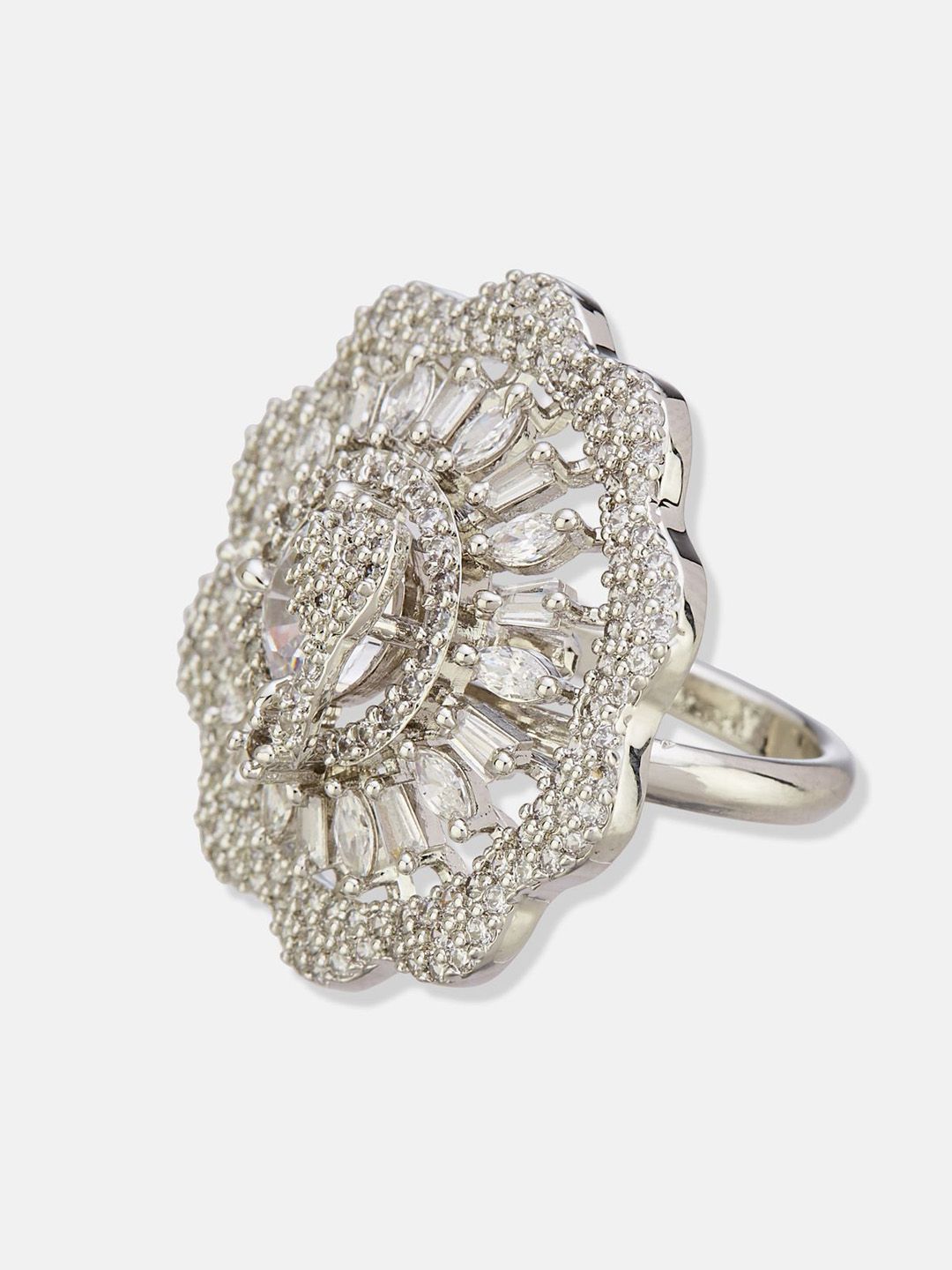 ATIBELLE Set Of 2 Silver-Plated Cubic Zirconia	Stone Studded Floral Rings
